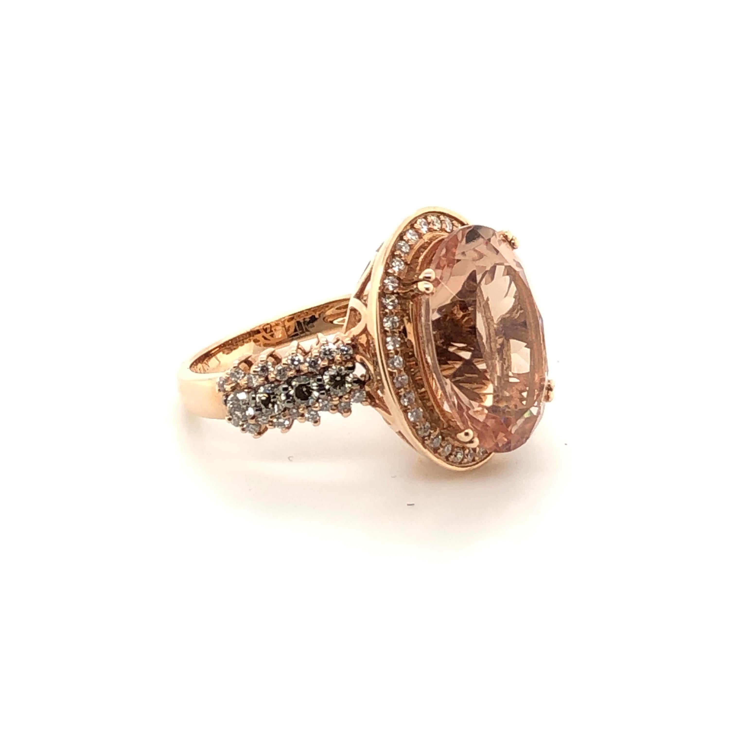 A spectacular 6-7/8 carat oval Peach Morganite stars in this 14K Rose Gold ring from Le Vian Chocolatier® sweetened with accents of 1/3 cts. Chocolate Diamonds (1/3 ct. t.w.) and White Diamonds (3/8 ct t.w.).

Ring Size: 7
