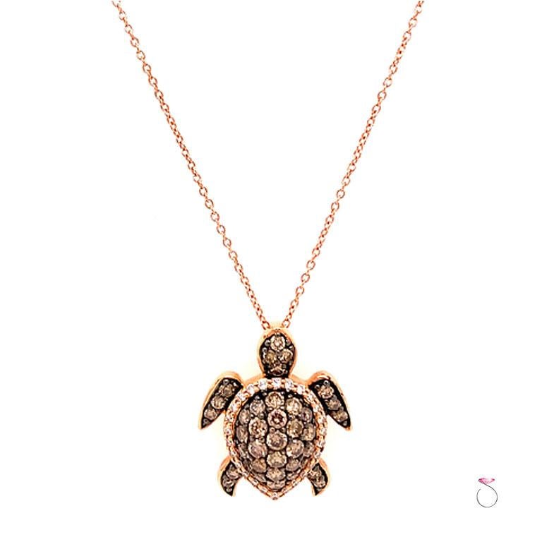 14K Rose Gold Le Vian Aloha Collection Sea Turtle Pendant with 1.08 Carats (total weight) of Chocolate Diamonds and 0.18 Carats (total weight) of White Diamonds. The pendant comes on an 18