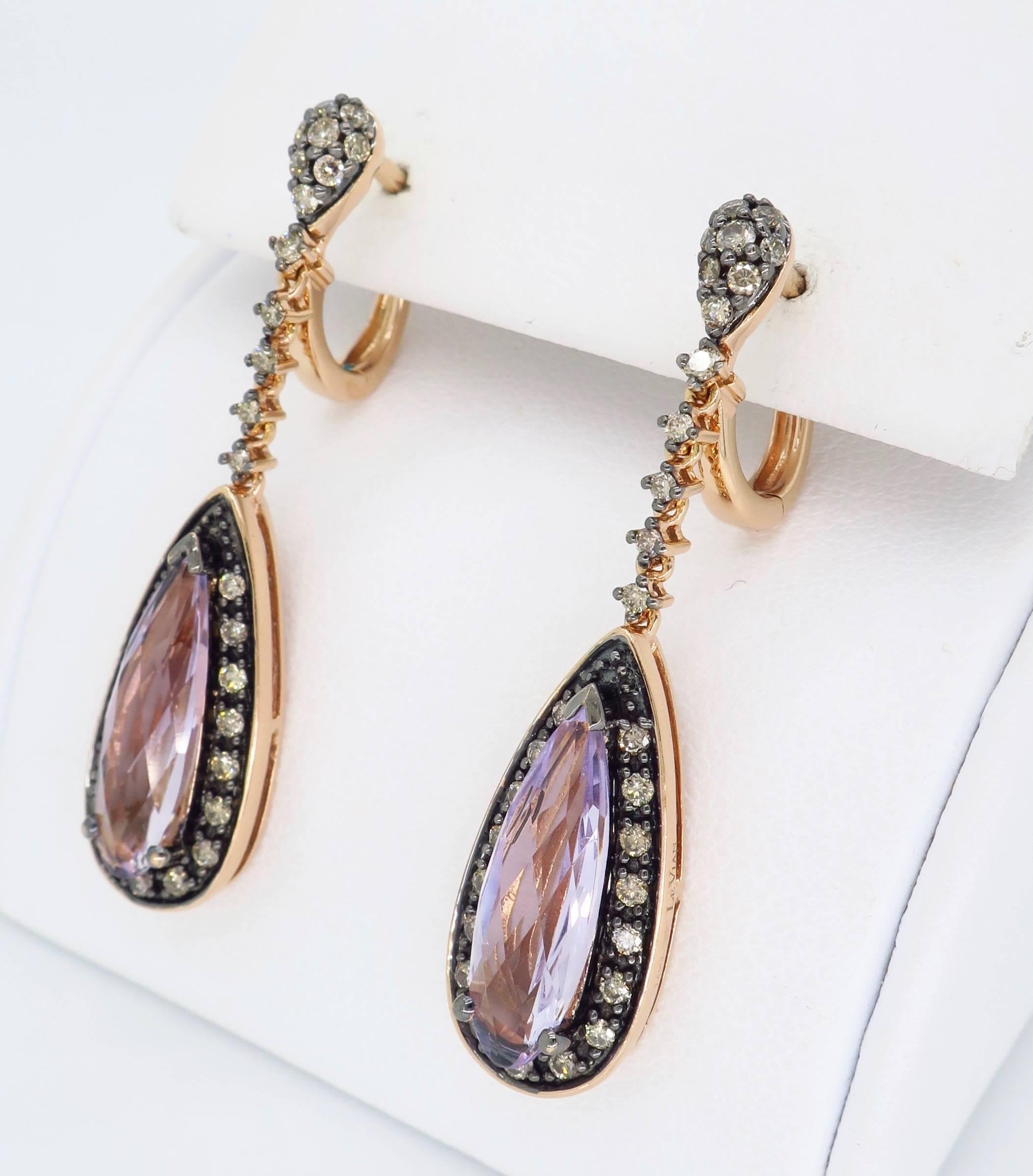 Le Vian Amethyst and Diamond Drop Earrings in Rose Gold In Excellent Condition In Webster, NY