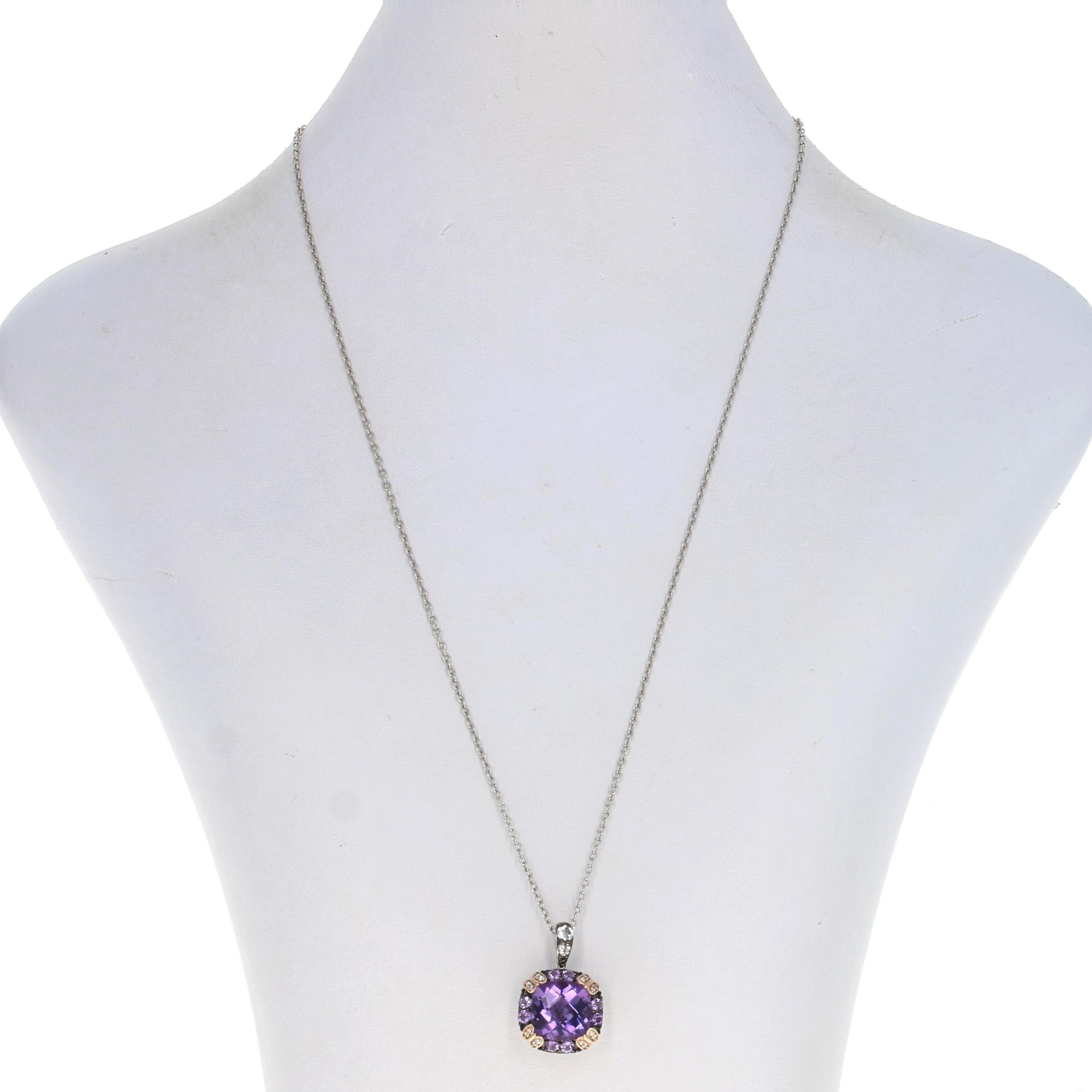 Retail Price: $997.50

Brand: Le Vian

Metal Content: Sterling Silver (rose gold plated)

Stone Information
Genuine Amethysts & Prasiolites
Carats: 5.86ctw
Cuts: Cushion Checkerboard & Round
Colors: Purple & Light Green
Amethyst Solitaire's Size: