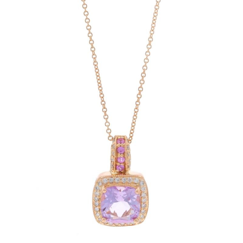 Retail Price: $2500

Brand: Le Vian

Metal Content: 14k Rose Gold

Stone Information

Natural Rose de France Amethyst
Carat(s): 2.10ct
Cut: Square Cushion

Natural Pink Sapphire
Treatment: Heating
Carat(s): .12ctw
Cut: Round

Natural