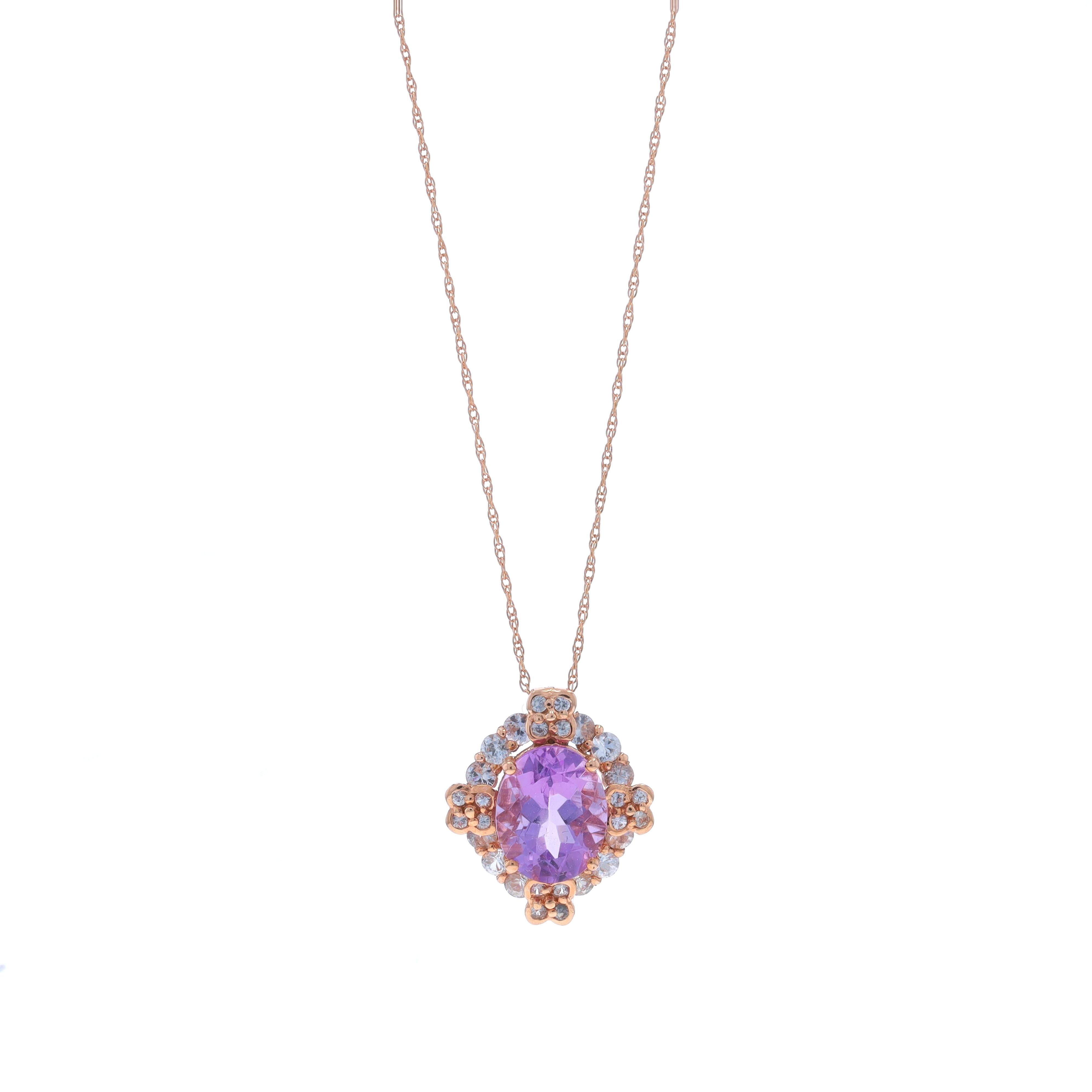 Brand: Le Vian

Metal Content: 14k Rose Gold

Stone Information

Natural Amethyst
Carat(s): 2.26ct
Cut: Oval
Color: Cotton Candy

Natural Sapphires
Treatment: Heating
Carat(s): .74ctw
Cut: Round
Color: White

Total Carats: 3.00ctw

Style: Halo
Chain