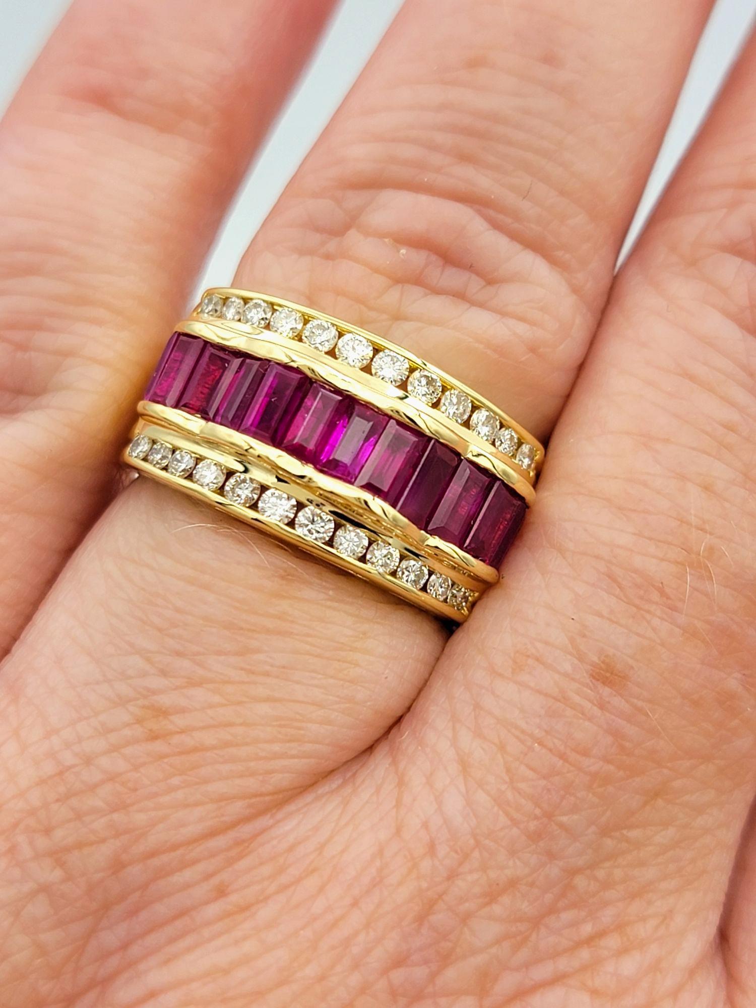 Le Vian Baguette Cut Ruby Wave Detail Band Ring with Diamonds in 18K Yellow Gold For Sale 6