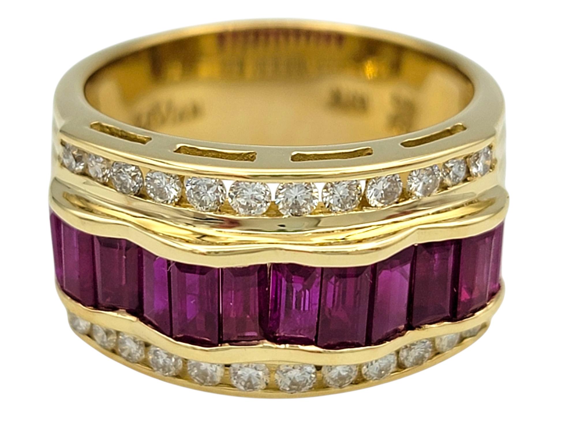 Ring Size: 6.5

This luxurious Le Vian band ring features a striking row of baguette-cut rubies in a deep, vivid red hue, elegantly arranged to form a continuous channel. Framing the rubies on either side is a sparkling border of round-cut diamonds