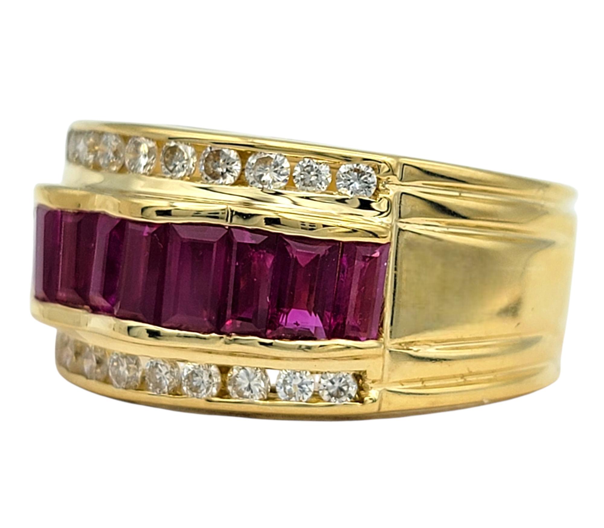 Contemporary Le Vian Baguette Cut Ruby Wave Detail Band Ring with Diamonds in 18K Yellow Gold For Sale