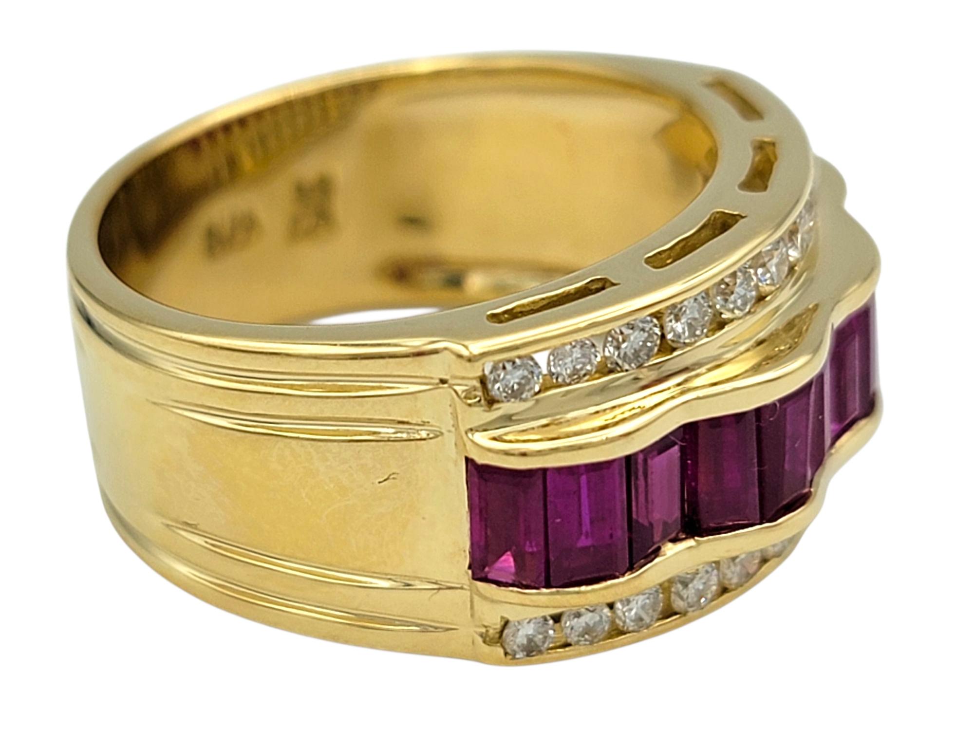 Le Vian Baguette Cut Ruby Wave Detail Band Ring with Diamonds in 18K Yellow Gold In Good Condition For Sale In Scottsdale, AZ