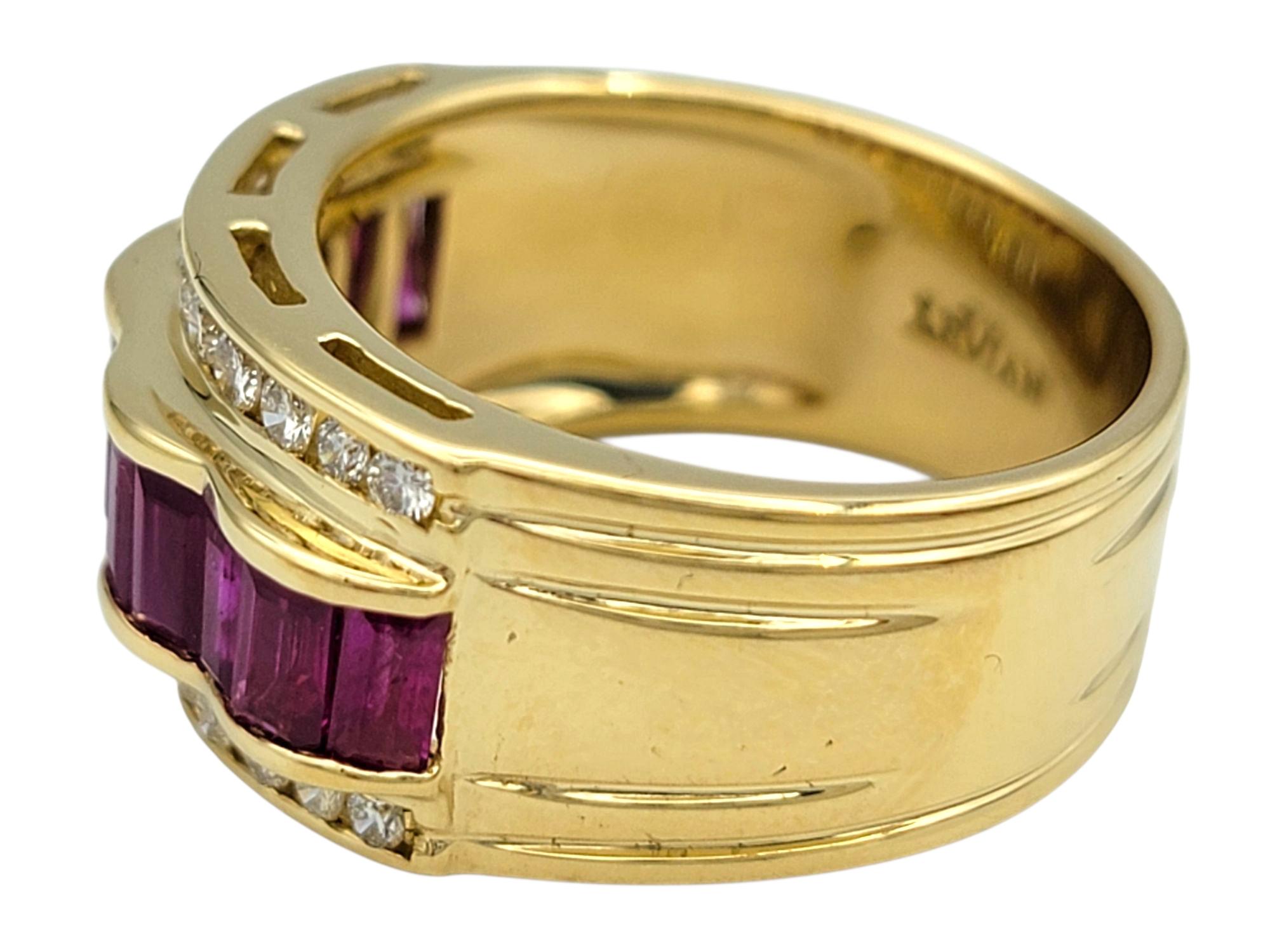 Women's Le Vian Baguette Cut Ruby Wave Detail Band Ring with Diamonds in 18K Yellow Gold For Sale