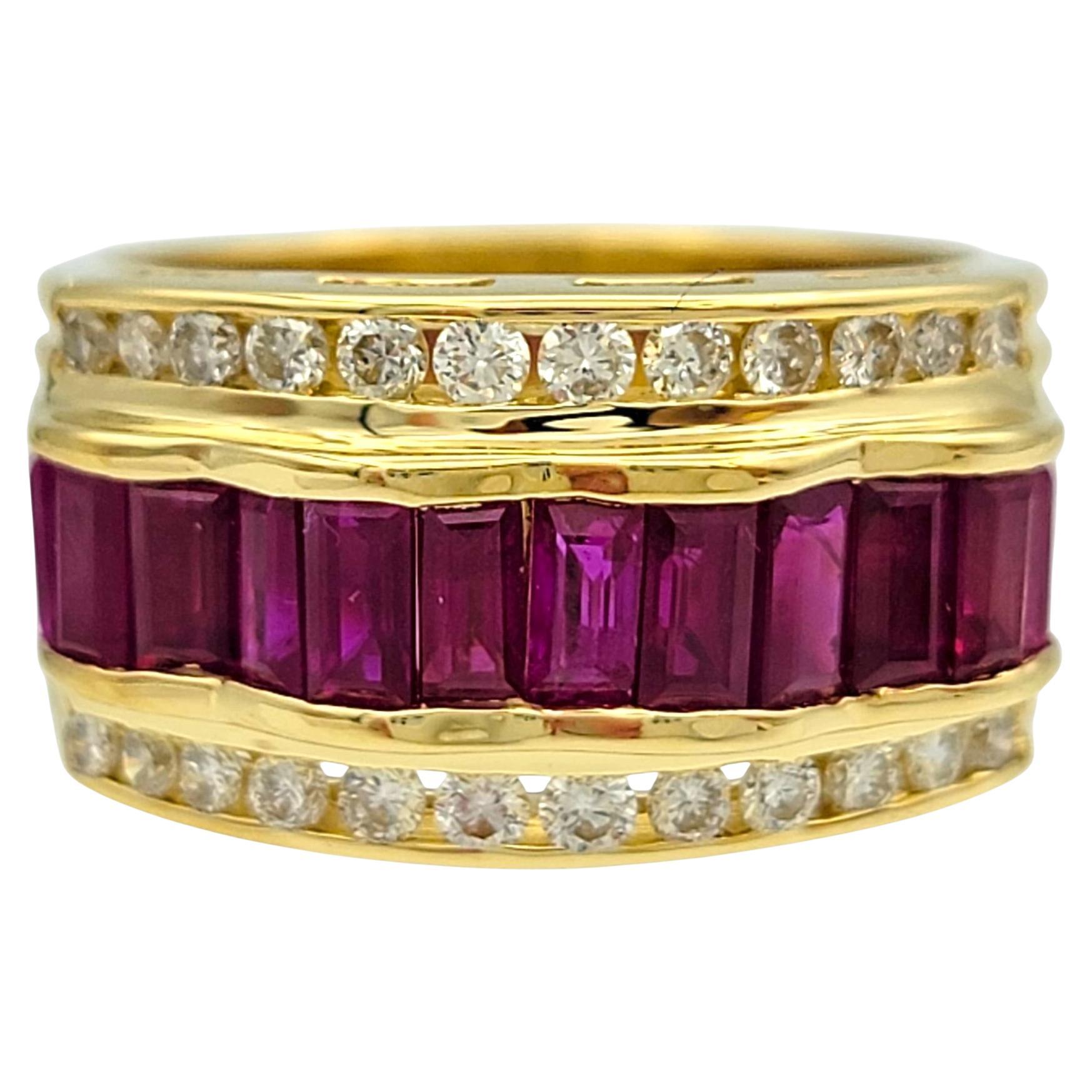 Le Vian Baguette Cut Ruby Wave Detail Band Ring with Diamonds in 18K Yellow Gold For Sale