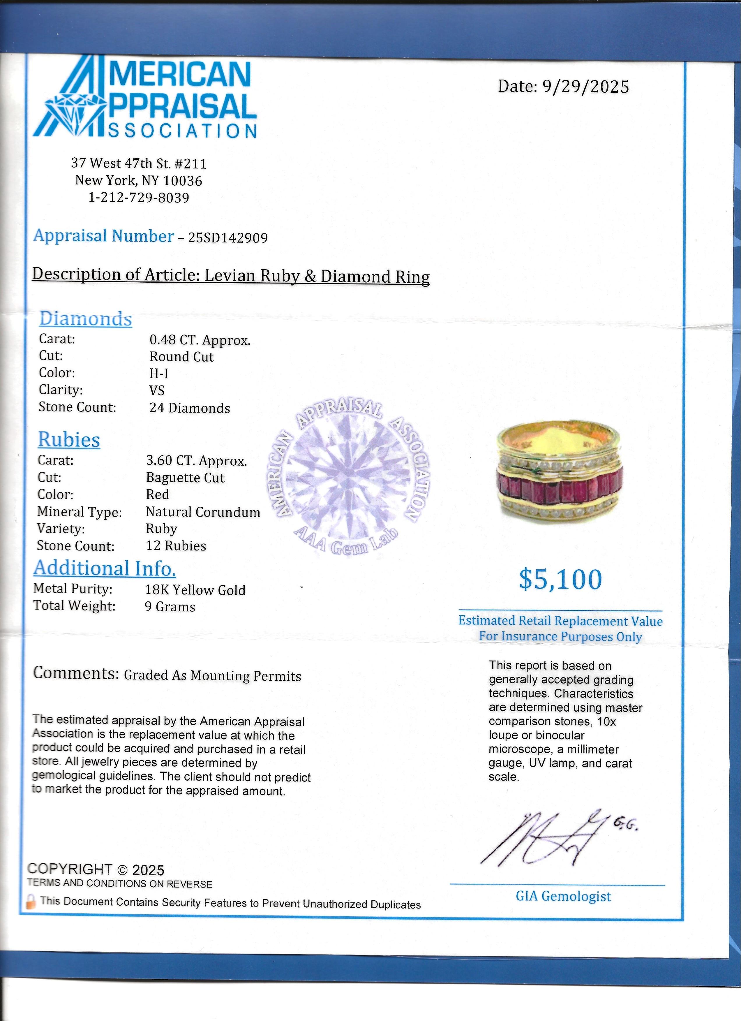 Anello a fascia con rubino Baguette e diamanti tondi di Le Vian a più file in oro giallo 18 carati in vendita 4