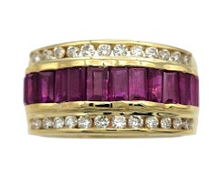 Le Vian Baguette Ruby and Round Diamond Multi Row Band Ring 18 Karat Yellow Gold