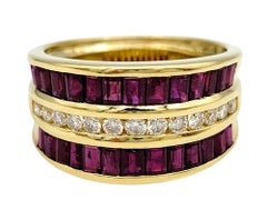 Le Vian Baguette Ruby and Round Diamond Wide Band Ring in 18 Karat Yellow Gold