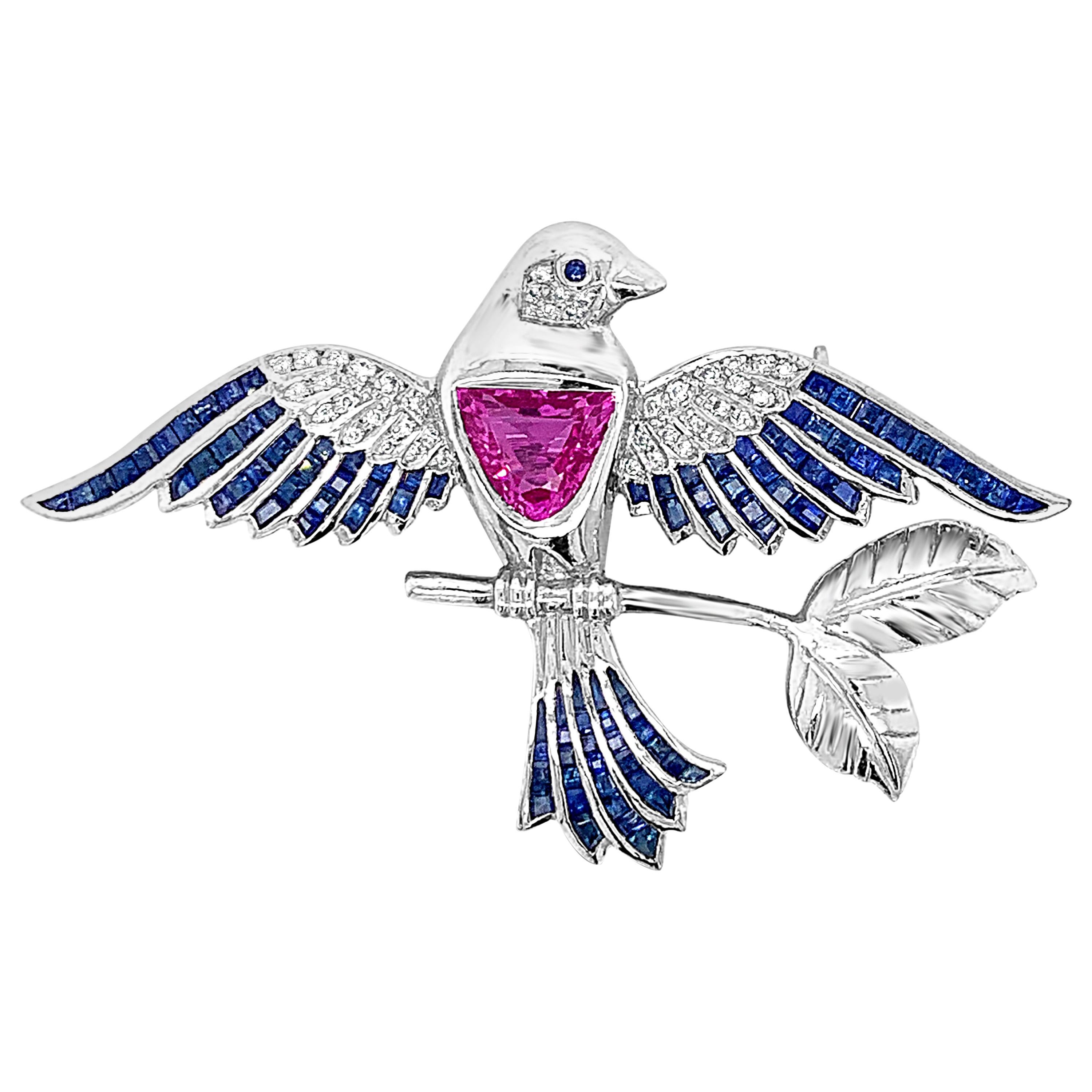 Le Vian Bird Pin with Pink/Blue Sapphire, Vanilla Diamonds 18 Karat Vanilla Gold For Sale