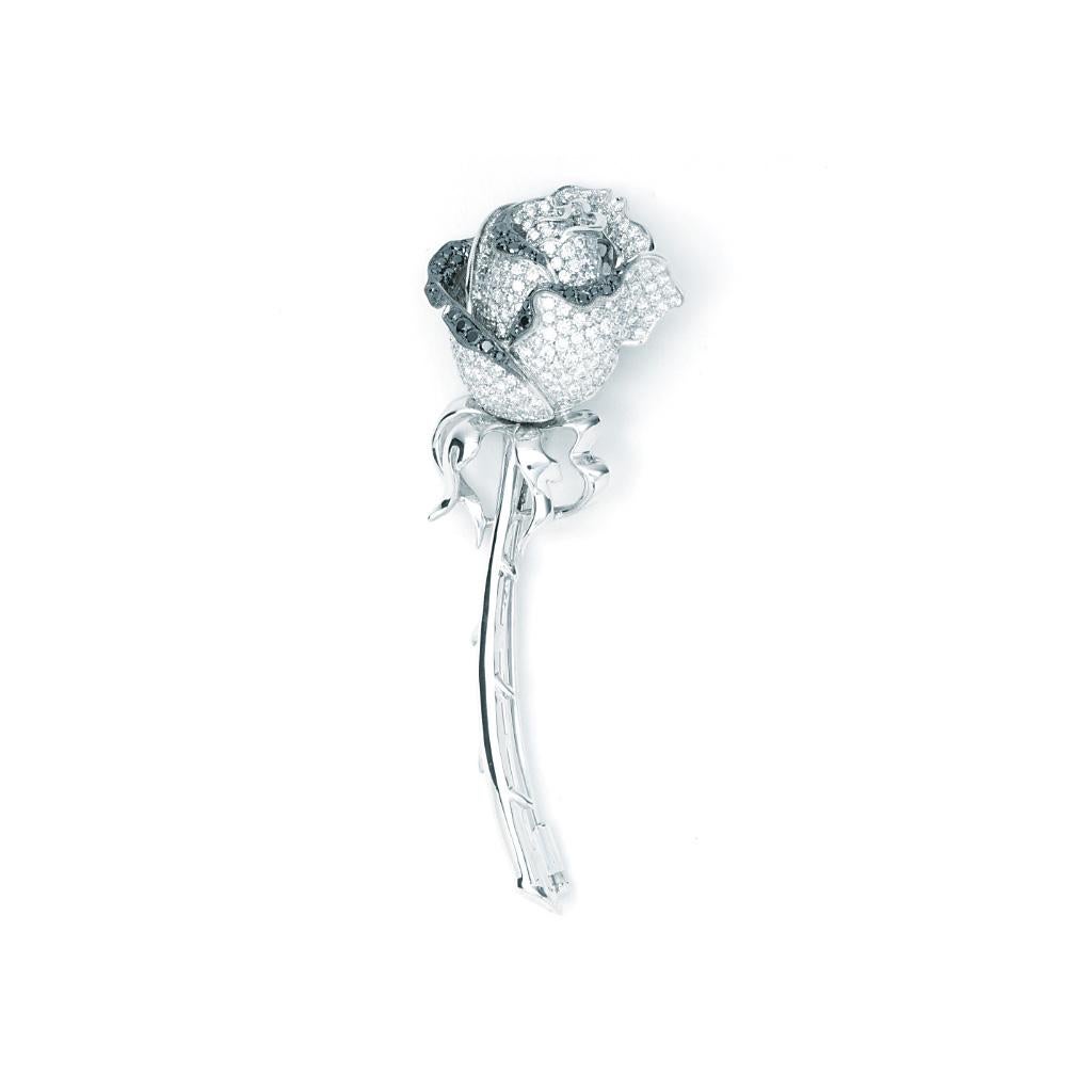 Round Cut Le Vian Black and White Diamond Rose Pin White Gold For Sale