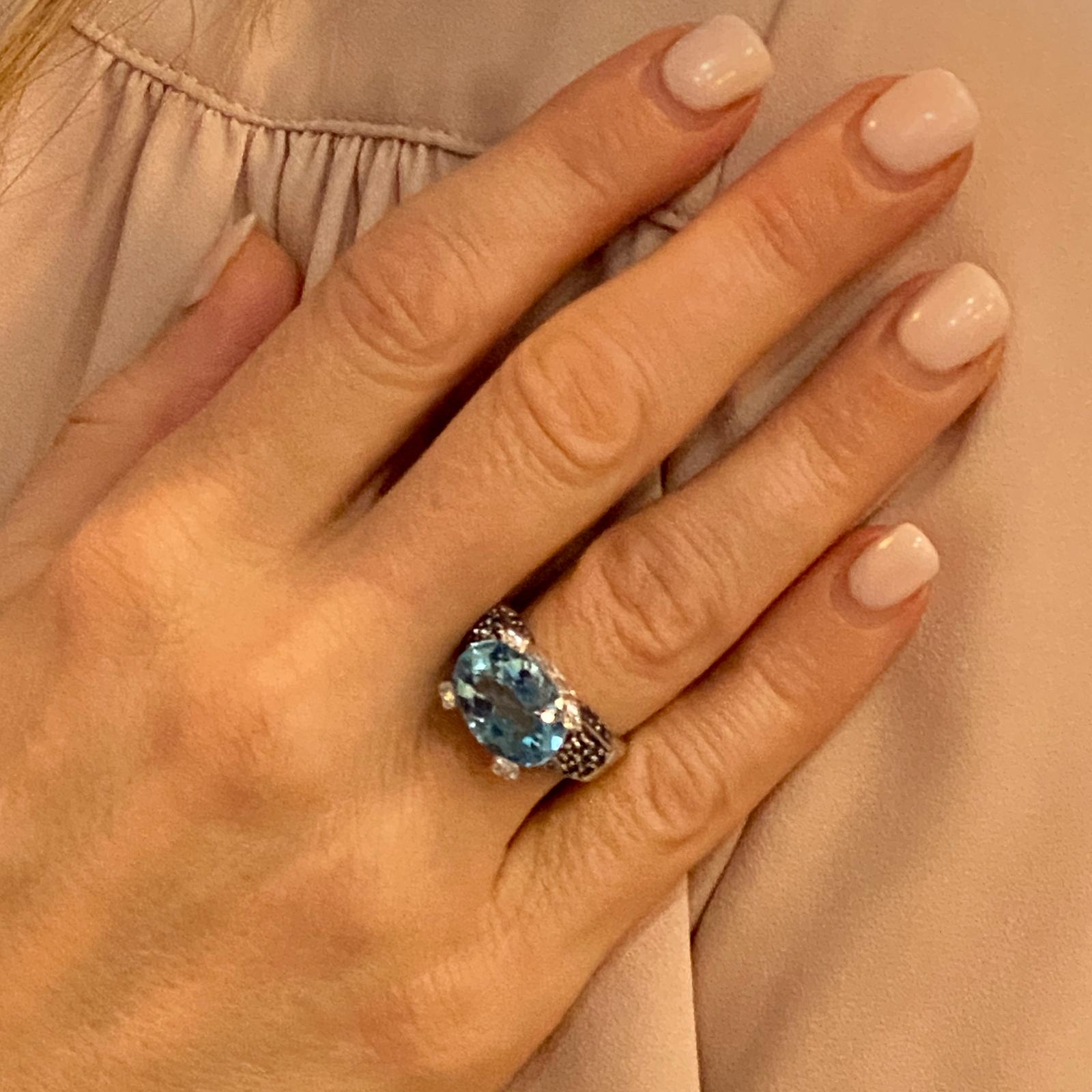 Oval Cut Le Vian Blue Topaz Sapphire Diamond 14 Karat White Gold Cocktail Ring