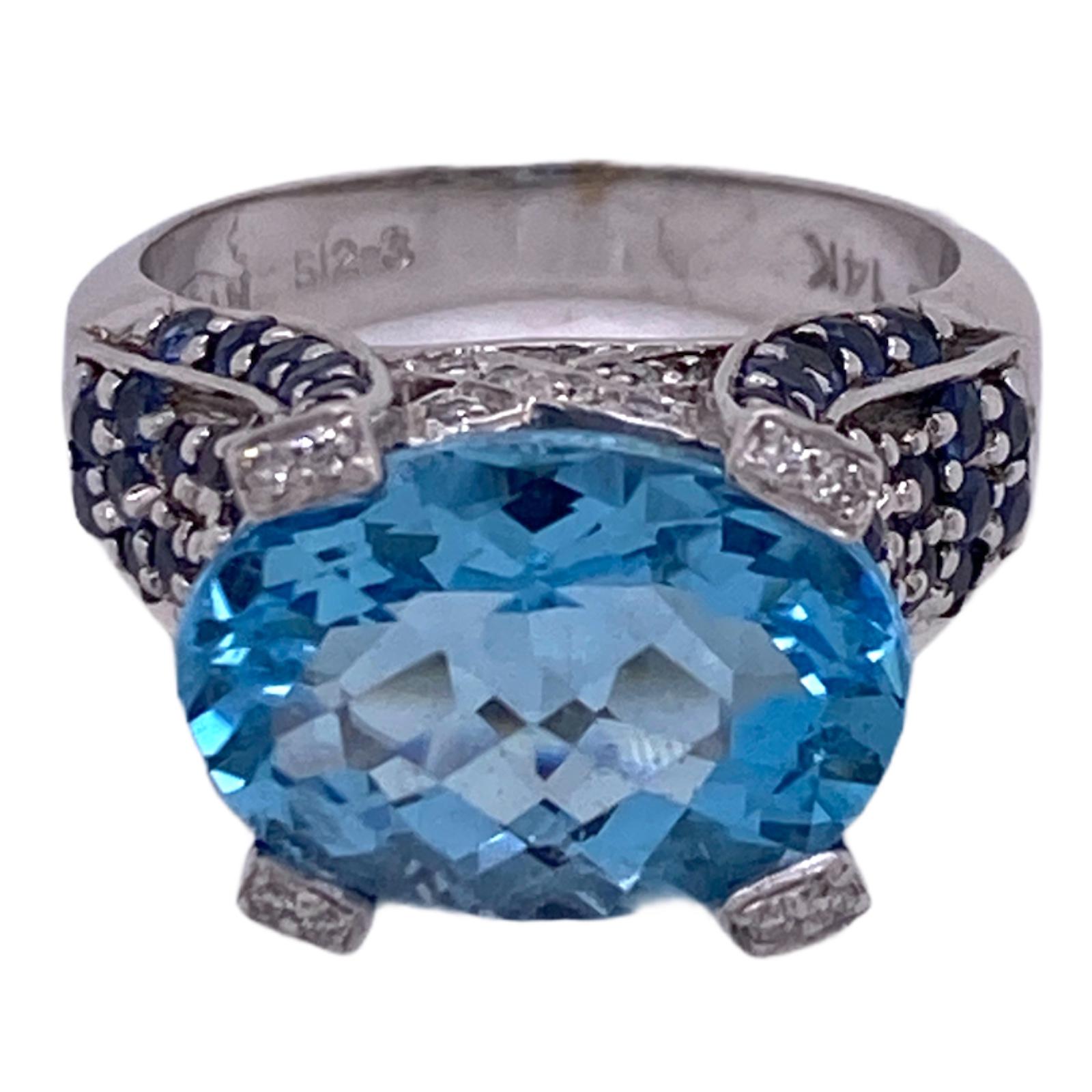 Le Vian Blue Topaz Sapphire Diamond 14 Karat White Gold Cocktail Ring In Excellent Condition In Boca Raton, FL