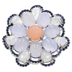Vintage Le Vian Carlo Viani Moonstone Chalcedony Sapphire Flower Halo Ring-925 17.45ctw