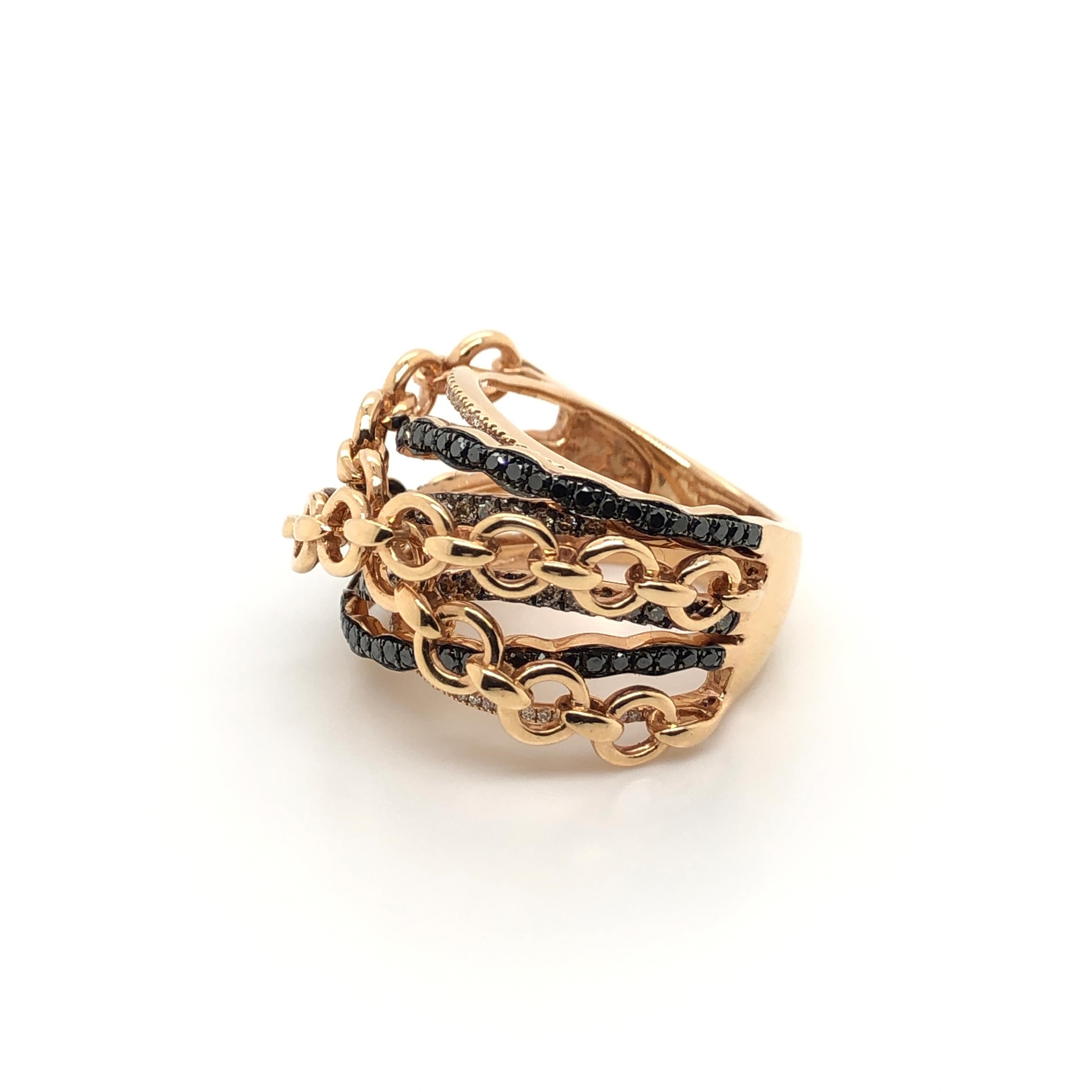 Le Vian's iconic Gladiator design has evolved into many different styles  including this Le Vian Exotic 14K rose gold ring featuring straps of unsual links overlapping straps of Black Diamonds (1/2 ct. t.w.), Chocolate Diamonds(3/8 ct. t.w.)  and