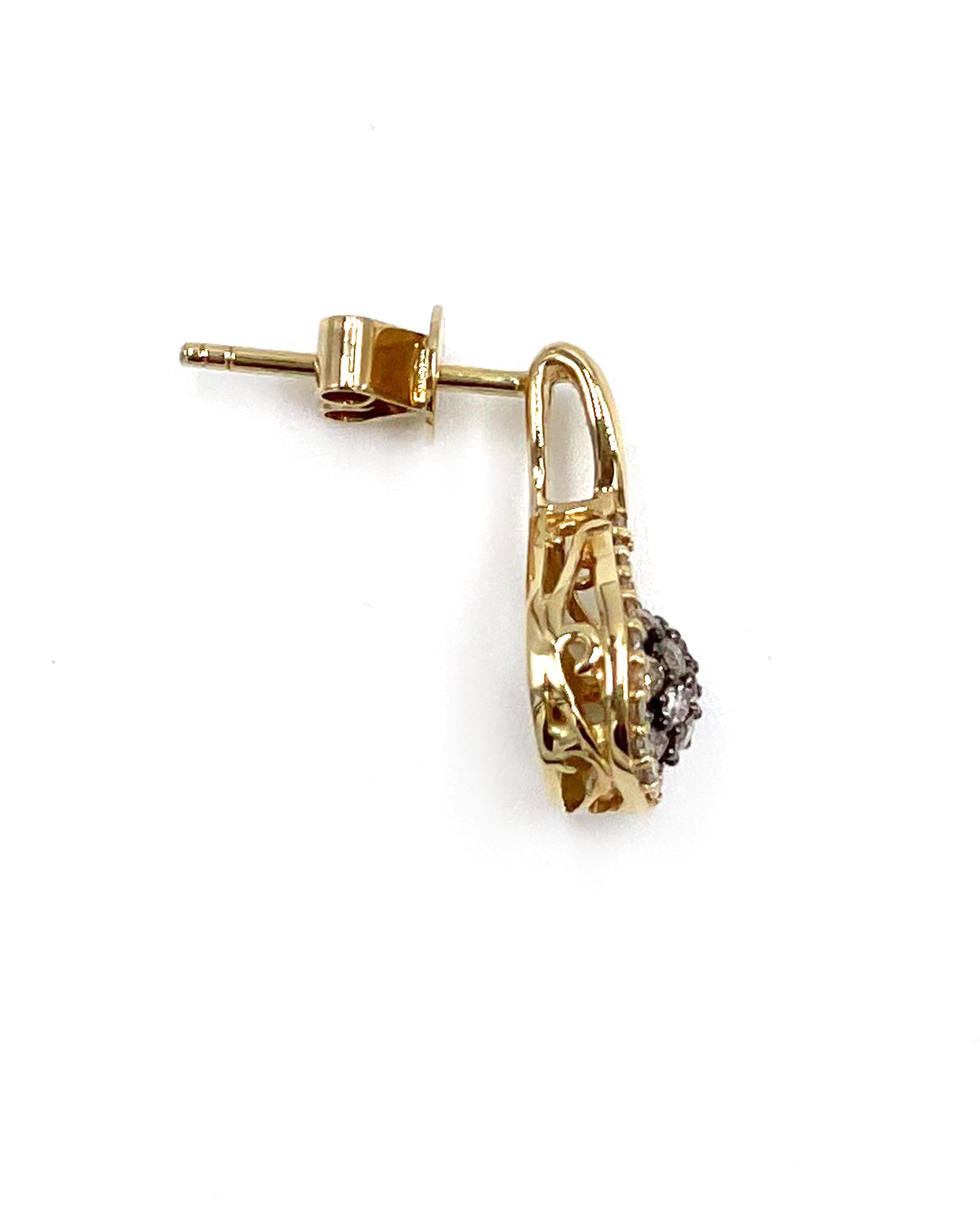 Pair of Le Vian 14K yellow gold earrings with white and chocolate brown diamonds totaling 0.36 carats.