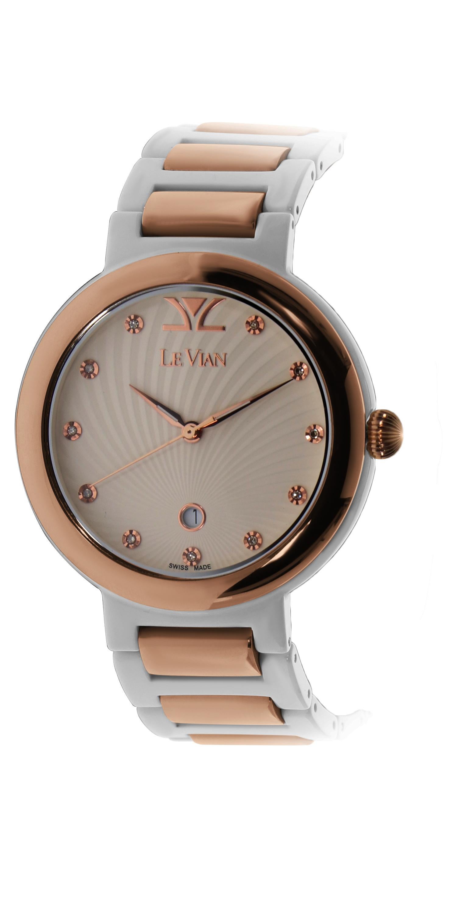 Le Vian 40mm Round Wristwatch with 0.05cts of Chocolate Diamonds in Strawberry Gold Stainless Steel and Vanilla Ceramic.
