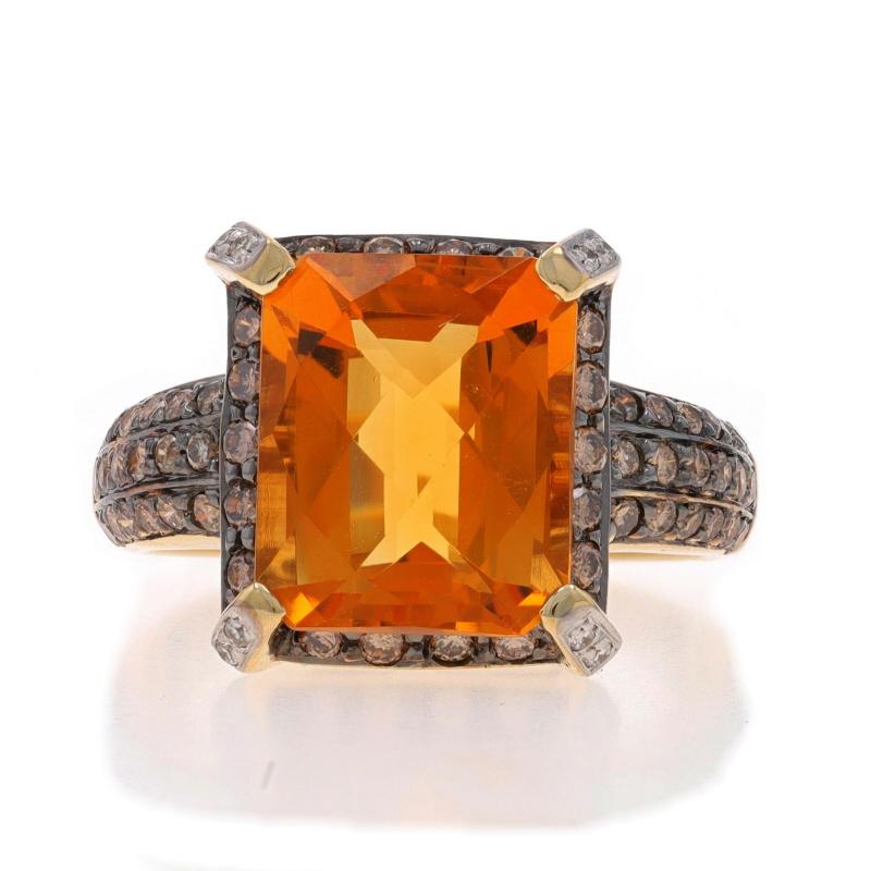 Retail Price: $3000

Size: 8 1/2
Sizing Fee: Up 1 size for $40

Brand: Le Vian

Metal Content: 14k Yellow Gold & 14k White Gold

Stone Information

Natural Citrine
Treatment: Heating
Carat(s): 5.74ct
Cut: Emerald Checkerboard
Color: Orange

Natural