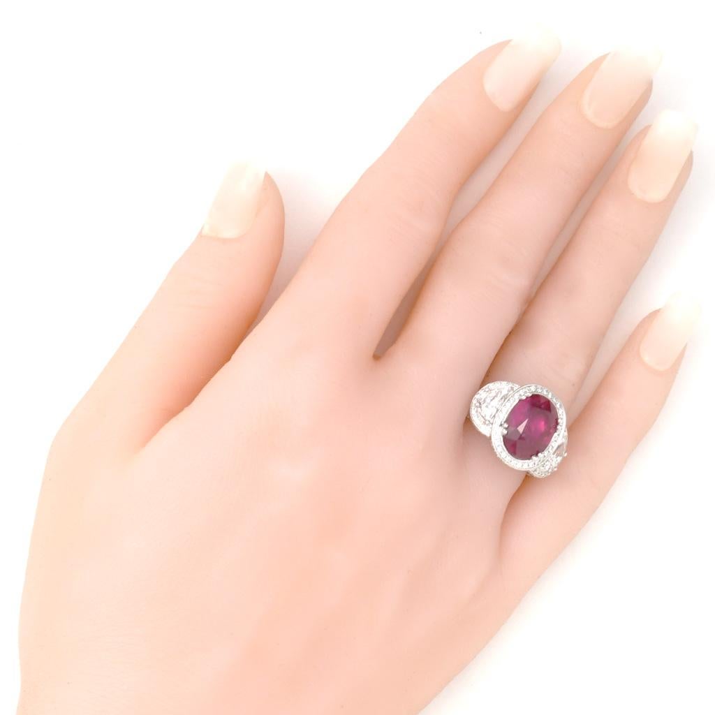 Contemporary Le Vian Couture Three-Stone Oval Ruby and Half Moon Diamond Ring 6.40ct Center For Sale