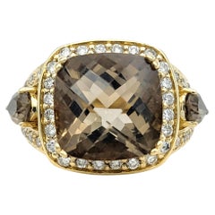 Le Vian Cushion Cut Smoky Topaz Cocktail Ring with Diamonds 14 Karat Yellow Gold
