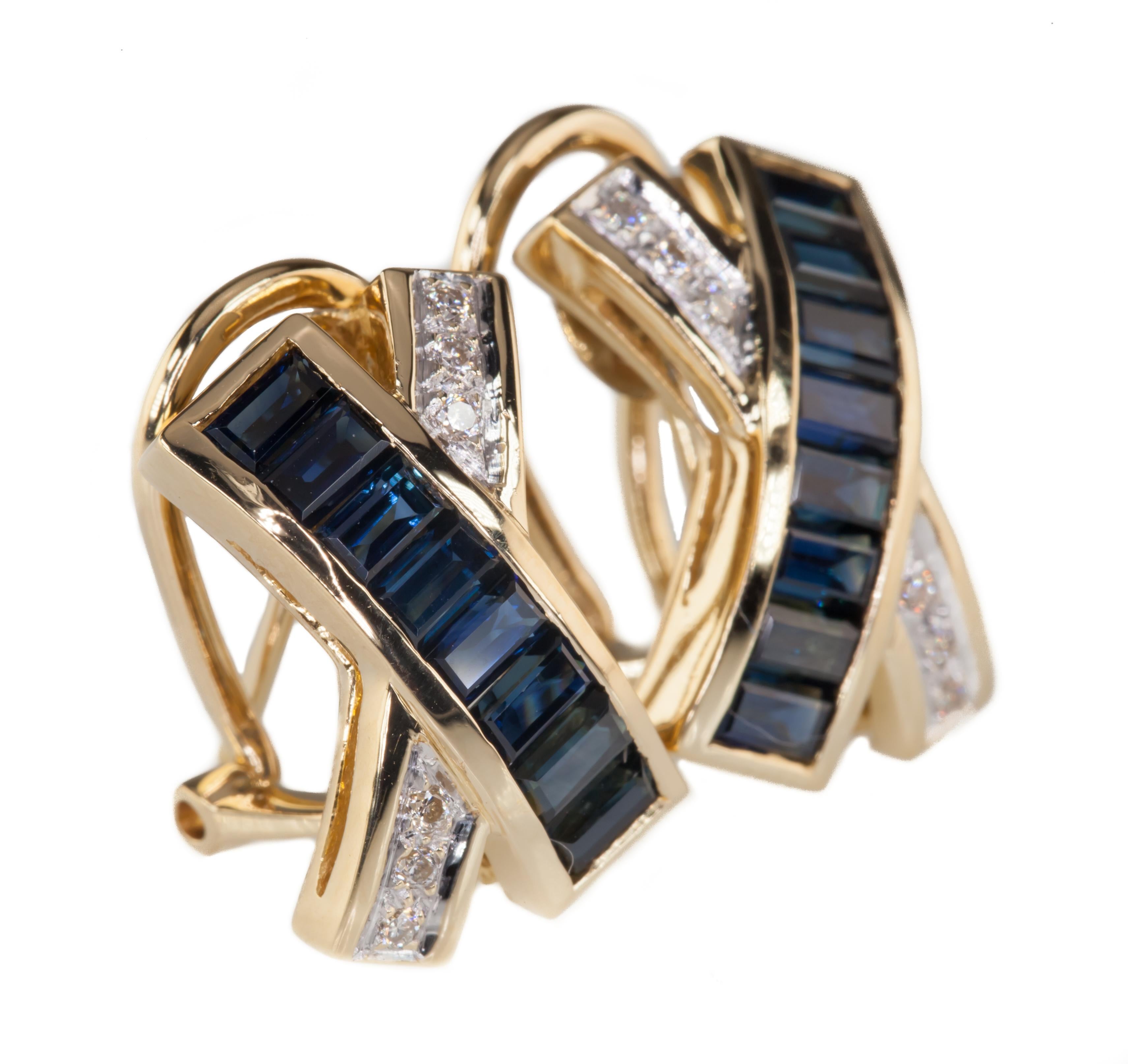 Gorgeous Criss-Cross Diamond and Sapphire Earrings
Feature Pave Set Round Diamonds and Channel Set Baguette Sapphires
Total Sapphire Weight = Appx 1.60 cts
Total Diamond Weight = Appx 0.10 ctts
Average Color = I
Average Clarity = SI1
Total Length =