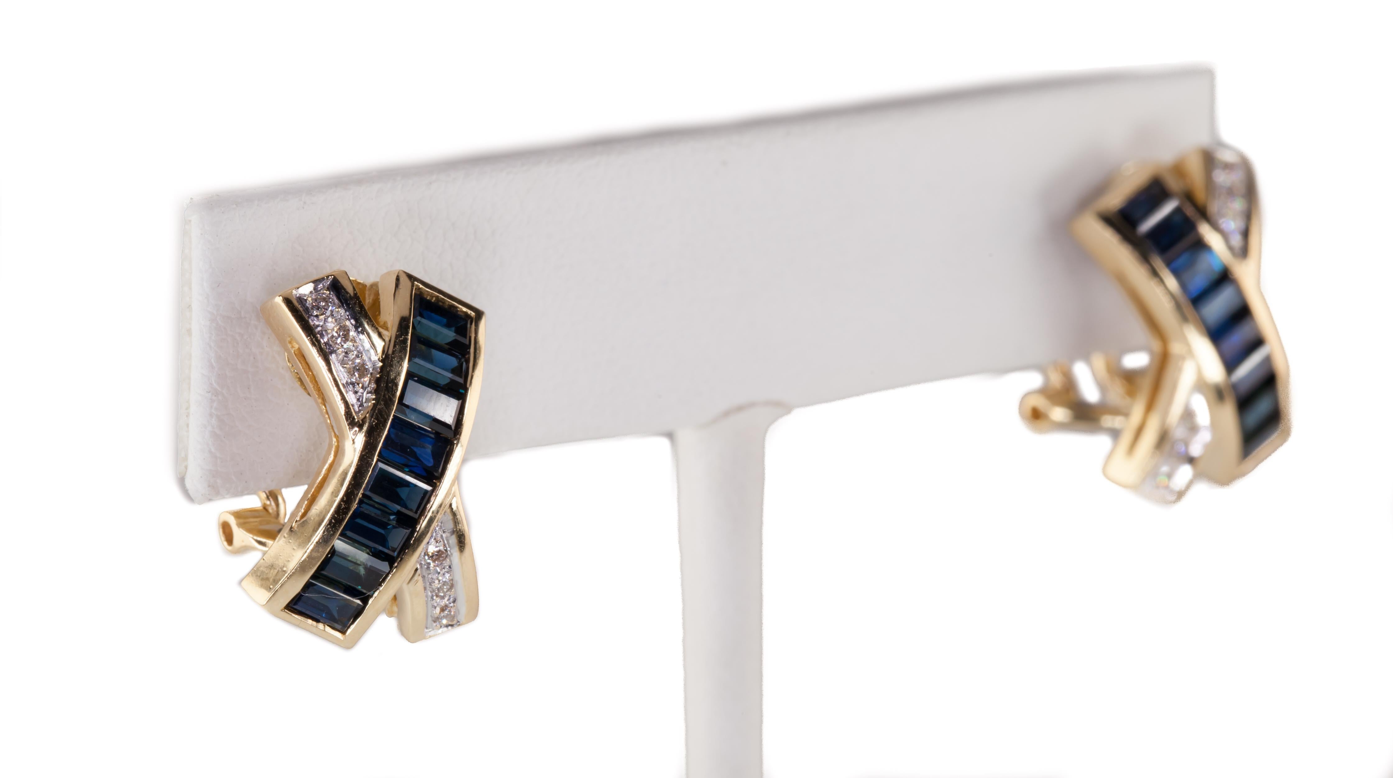 Baguette Cut Le Vian Diamond and Sapphire Cross Huggie Earrings in Yellow Gold For Sale