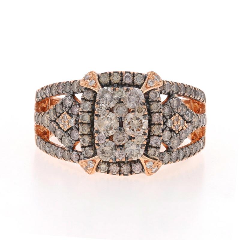 Retail Price: $5000

Size: 7 1/4

Brand: Le Vian

Metal Content: 14k Rose Gold

Stone Information

Natural Diamonds
Carat(s): 1.25ctw
Cut: Round Brilliant
Color: G - H & Chocolate
Clarity: SI1 - I1

Total Carats: 1.25ctw

Style: Cluster Cocktail