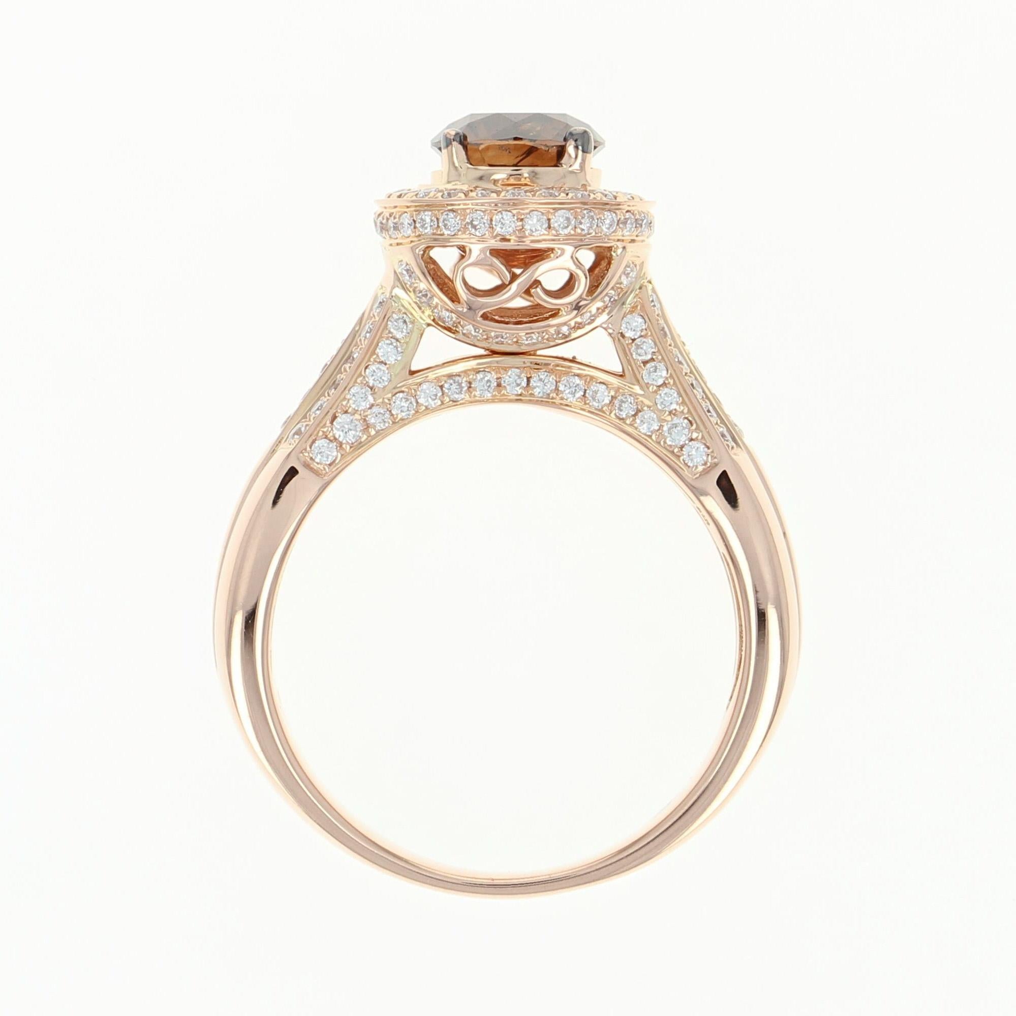 Le Vian Diamond Halo Ring, 18 Karat Rose Gold Round Cut 1.86 Carat In Excellent Condition In Greensboro, NC