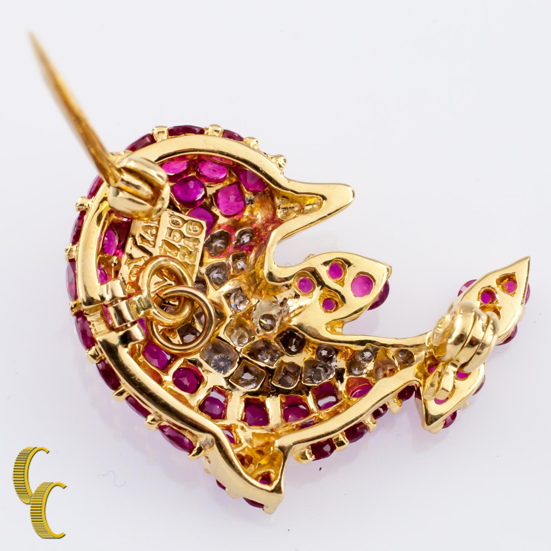 Round Cut Le Vian Dolphin Pendant Brooch with Diamond and Ruby Set in 18 Karat Yellow Gold