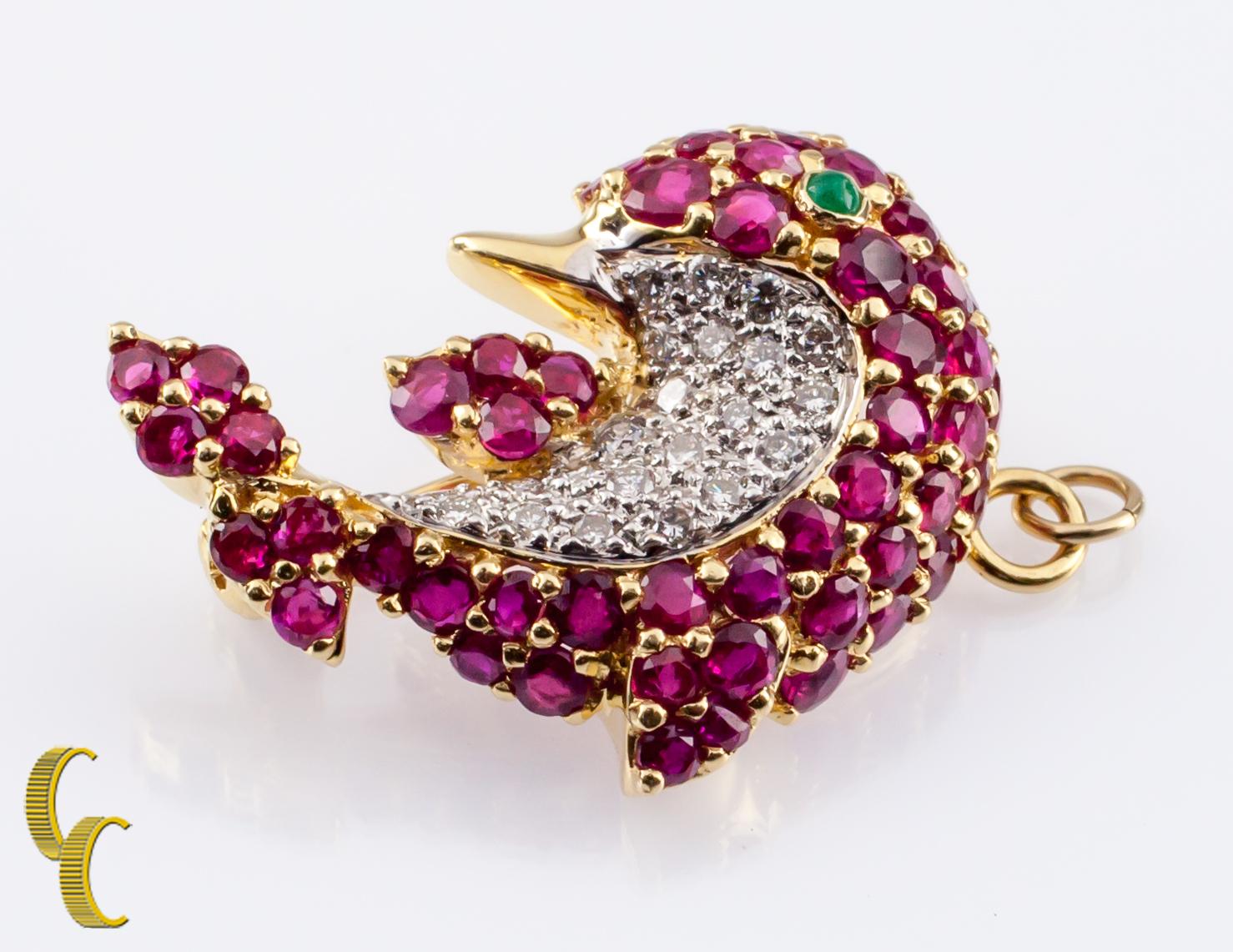 Le Vian Dolphin Pendant Brooch with Diamond and Ruby Set in 18 Karat Yellow Gold In Good Condition In Sherman Oaks, CA