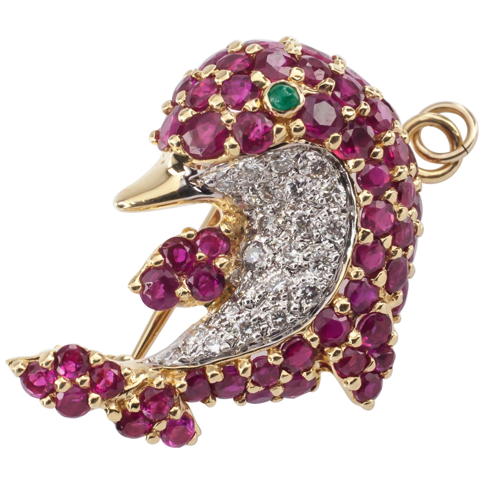 Le Vian Dolphin Pendant Brooch with Diamond and Ruby Set in 18 Karat Yellow Gold