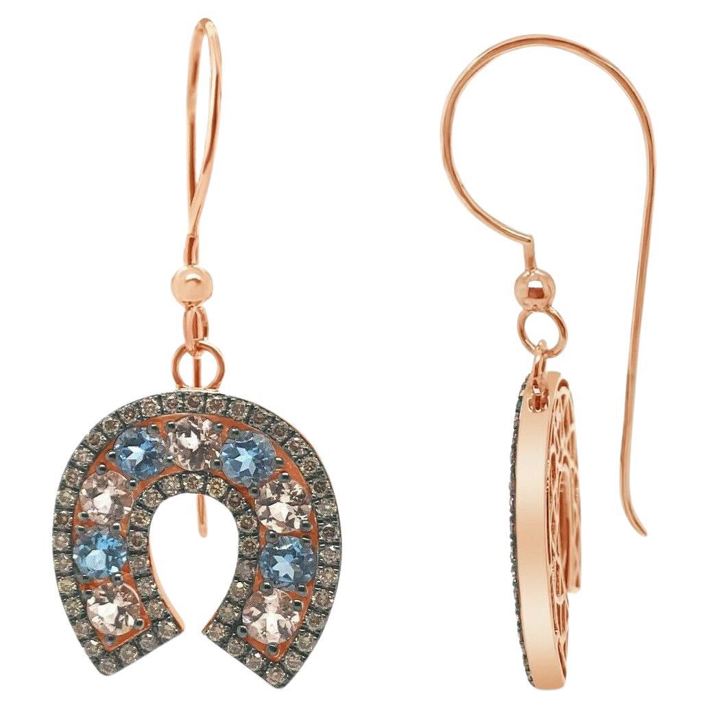 Le Vian Earrings, Blue Topaz, Morganite, Chocolate Diamonds, 14K Rose Gold For Sale