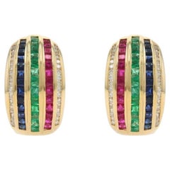 Le Vian Emerald Sapphire Ruby Stripe Earrings Gold 18k 3.30ctw Pierced/Clip-Ons