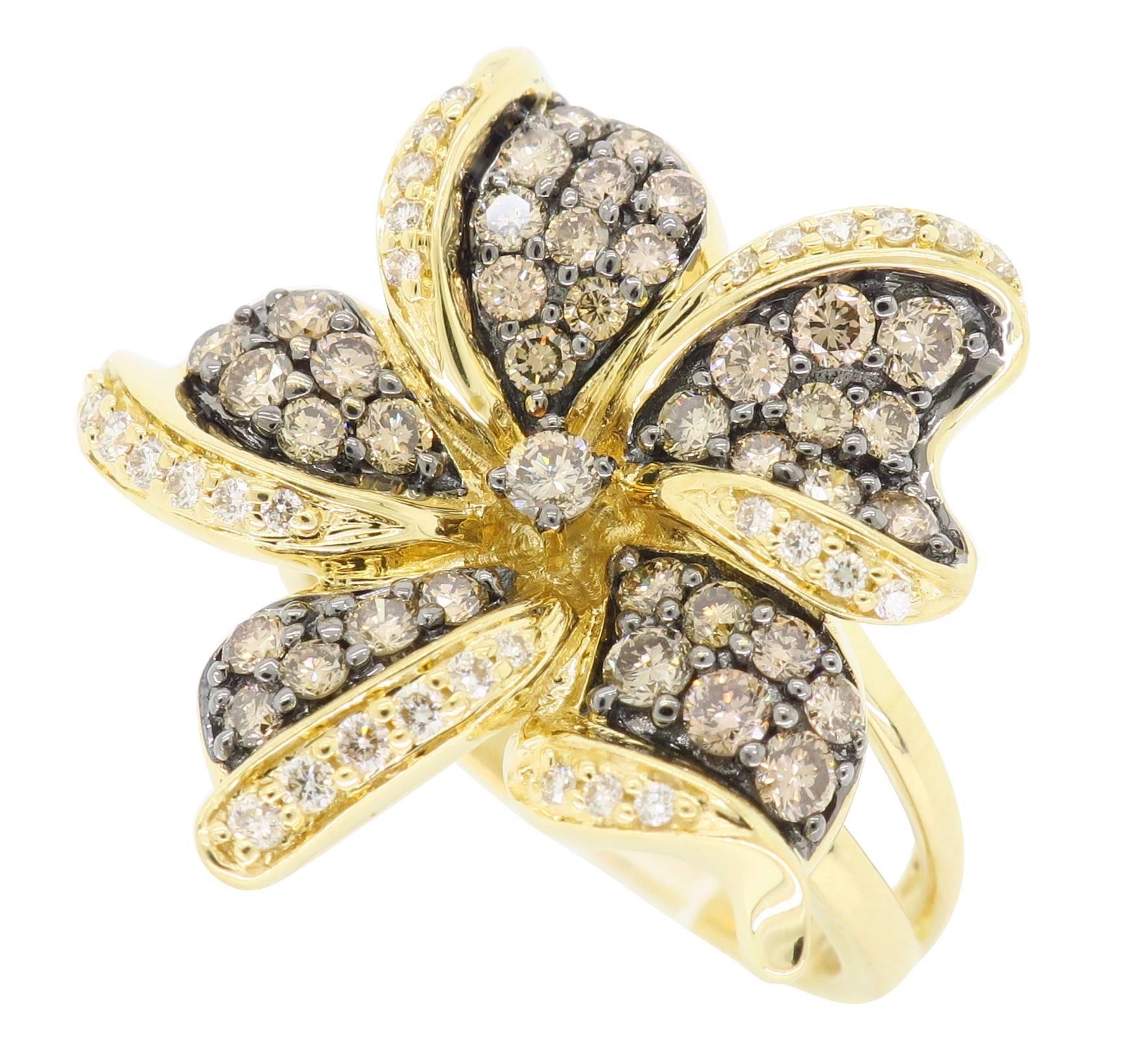 This beautiful flower shaped ring designed by Le Vian features approximately 1.50CTW of diamonds.

Designer: Le Vian
Gemstone: Diamond
Diamond Carat Weight: Approximately 1.50CTW
Diamond Cut: 70 Round Brilliant 
Color: 39 Chocolate Color, 31 Average