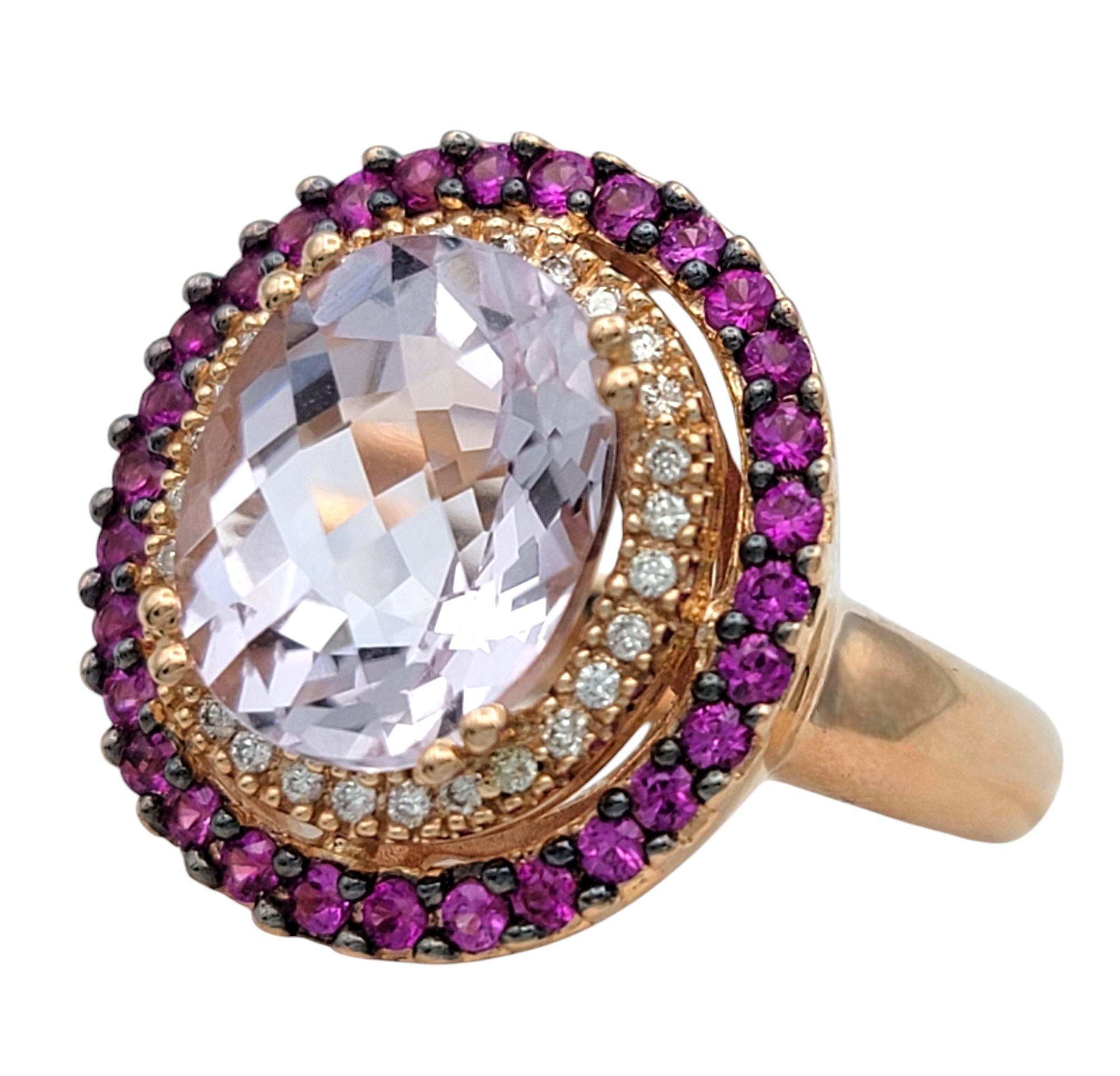 Contemporary Le Vian Kunzite, Diamond and Pink Sapphire Halo Cocktail Ring 14 Karat Rose Gold For Sale