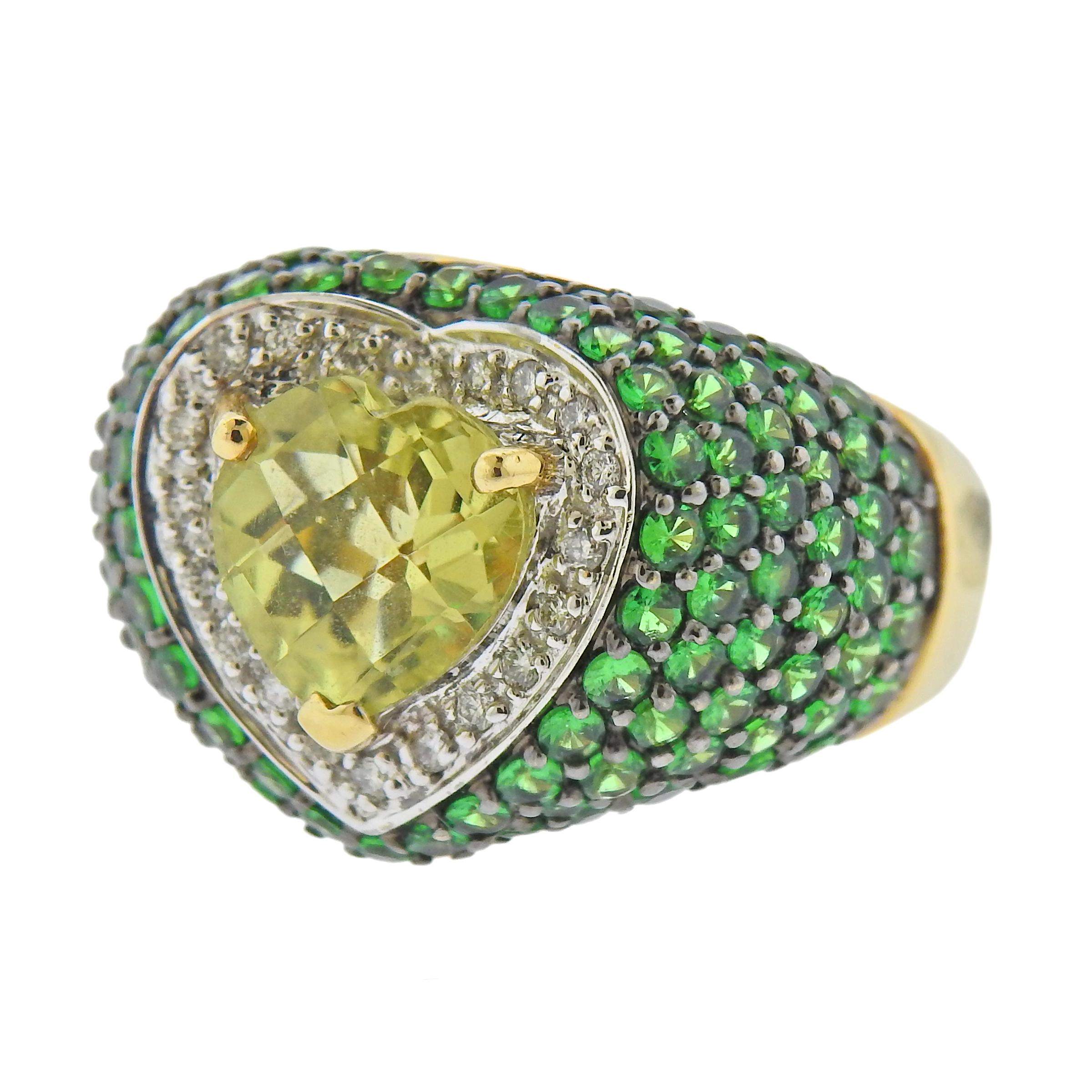 New Le Vian 14k gold ring with 5.06ct heart lemon quartz, approx. 0.16ctw in diamonds and tsavorites.  Ring size - 7, ring top is 16mm wide.  Weight - 9.6 grams. Marked:  585,  Le Vian mark.