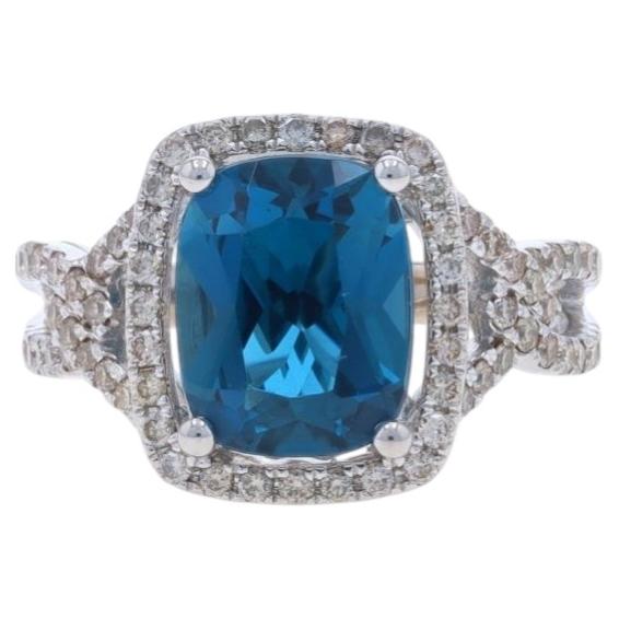Le Vian London Anillo con Halo de Diamantes y Topacio Azul - Oro Blanco 14k Cojín 4,50ctw