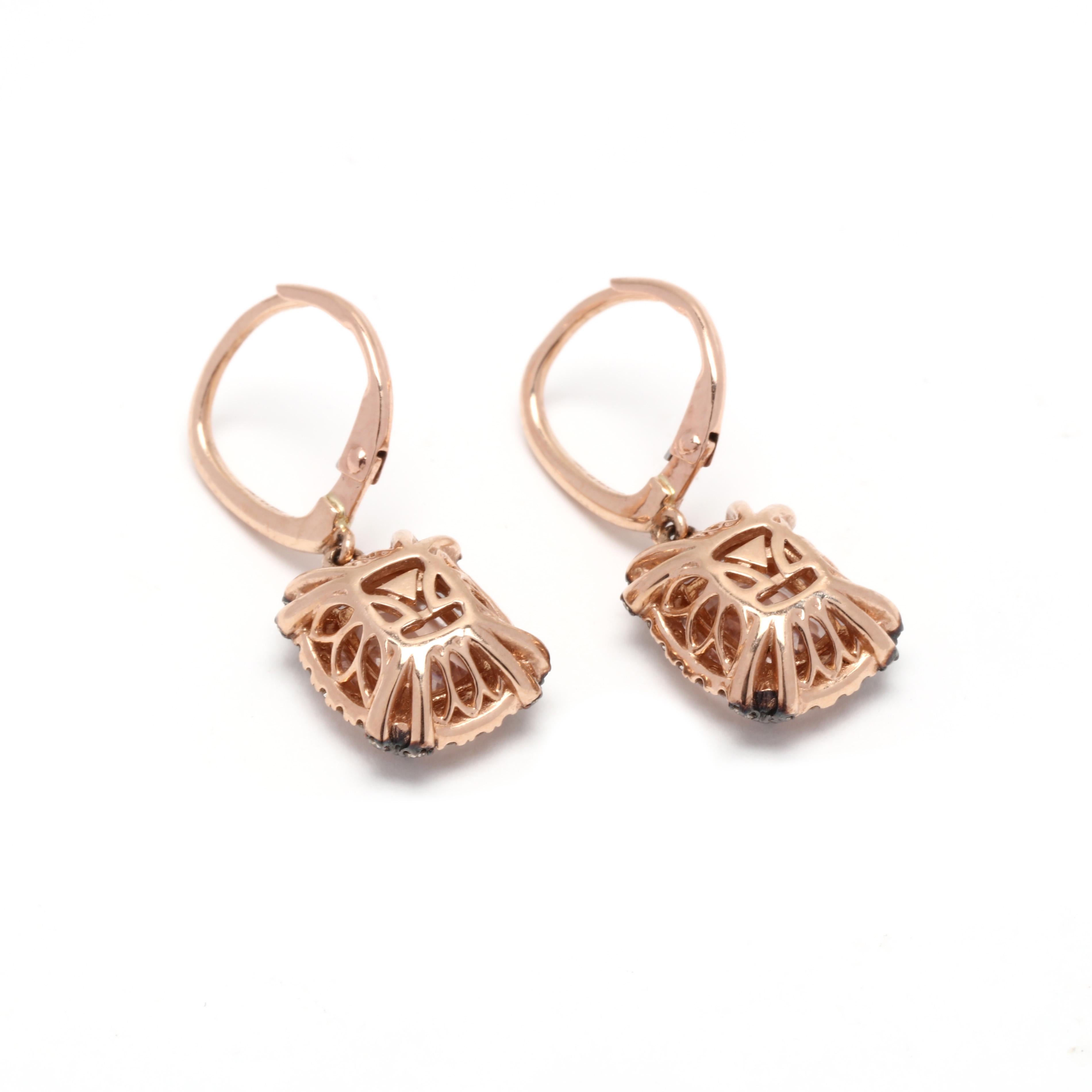 A pair of 14 karat rose gold morganite and diamond dangle earrings designed by LeVian. These earrings feature prong set, rectangular cushion cut morganite stones weighing approximately 3 total carats surrounded by a halo of chocolate and white