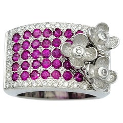 Le Vian Multi-Row Ruby and Diamond Wide Band Ring with Flowers in 14 Karat Gold