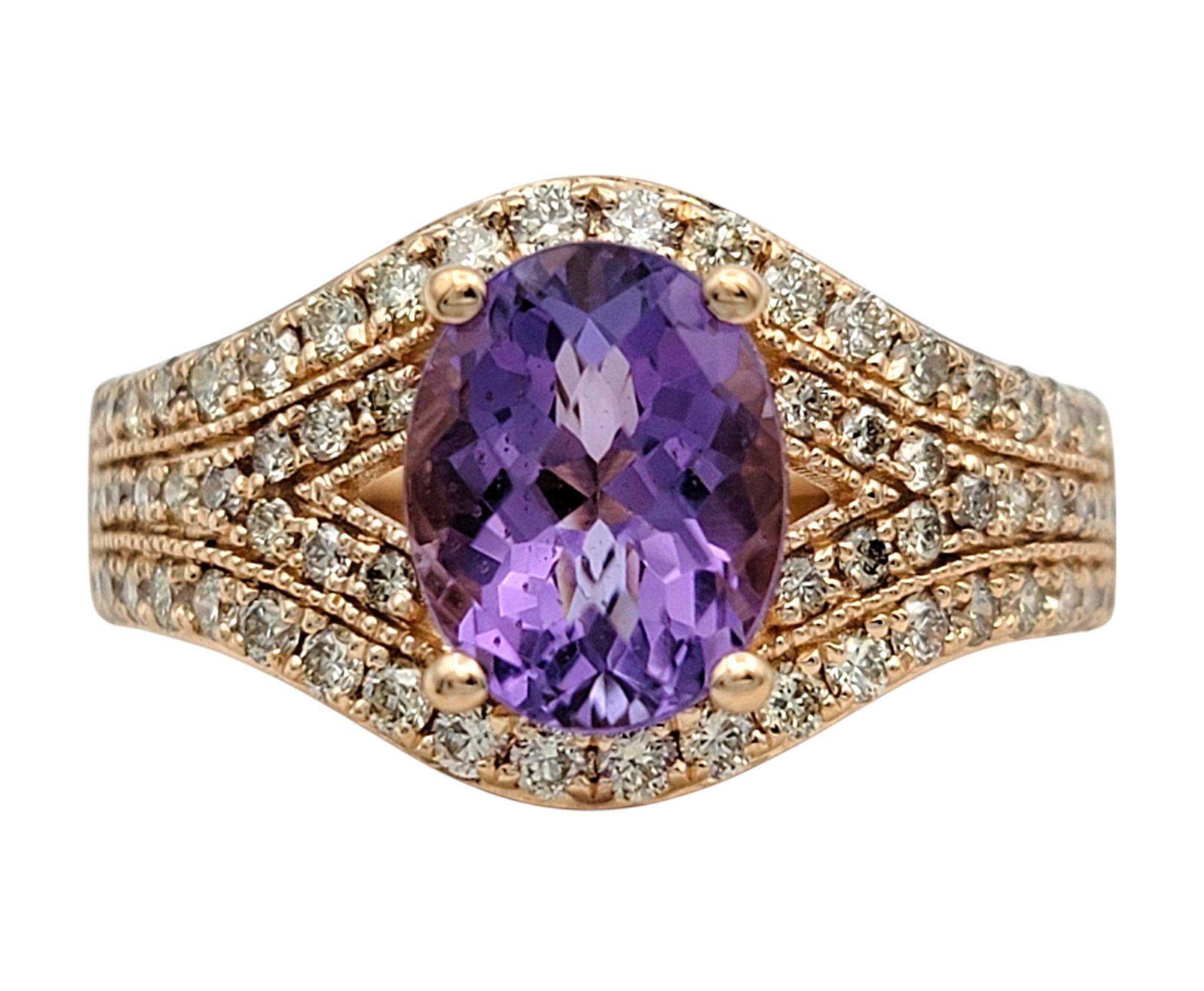 Ring Size: 7 

Make a romantic statement with this Le Vian amethyst and diamond ring, glowing with feminine charm and radiant detail. At its center lies a vibrant oval-cut purple amethyst, beautifully set in 14 karat rose gold for a soft, warm