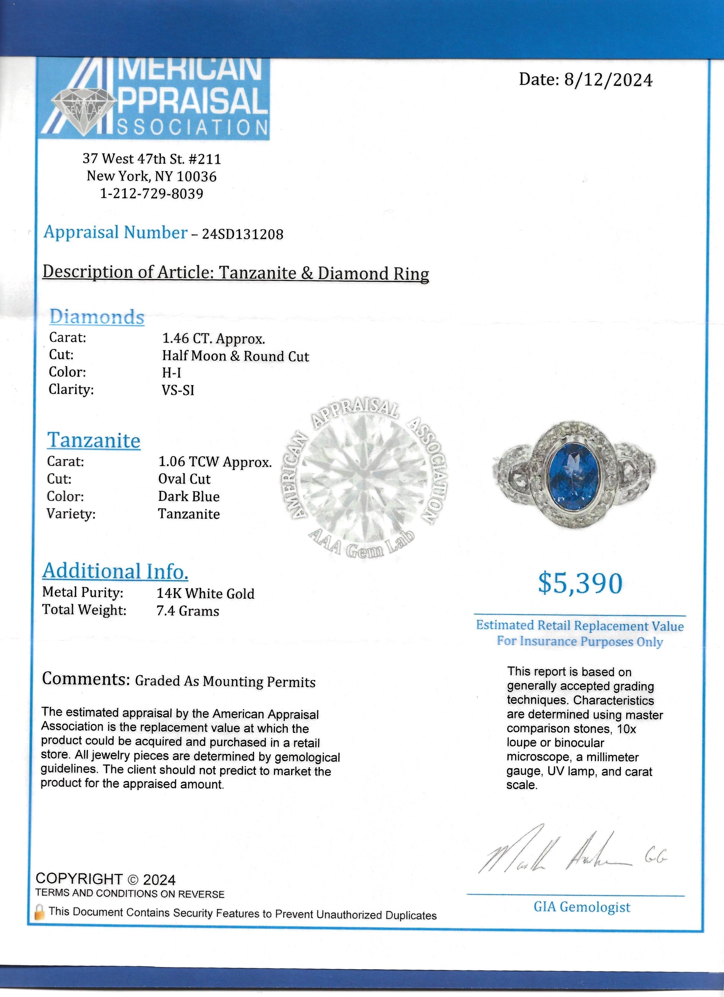 Anello a tre pietre con tanzanite e diamanti taglio ovale di Le Vian in oro bianco 14 carati in vendita 6