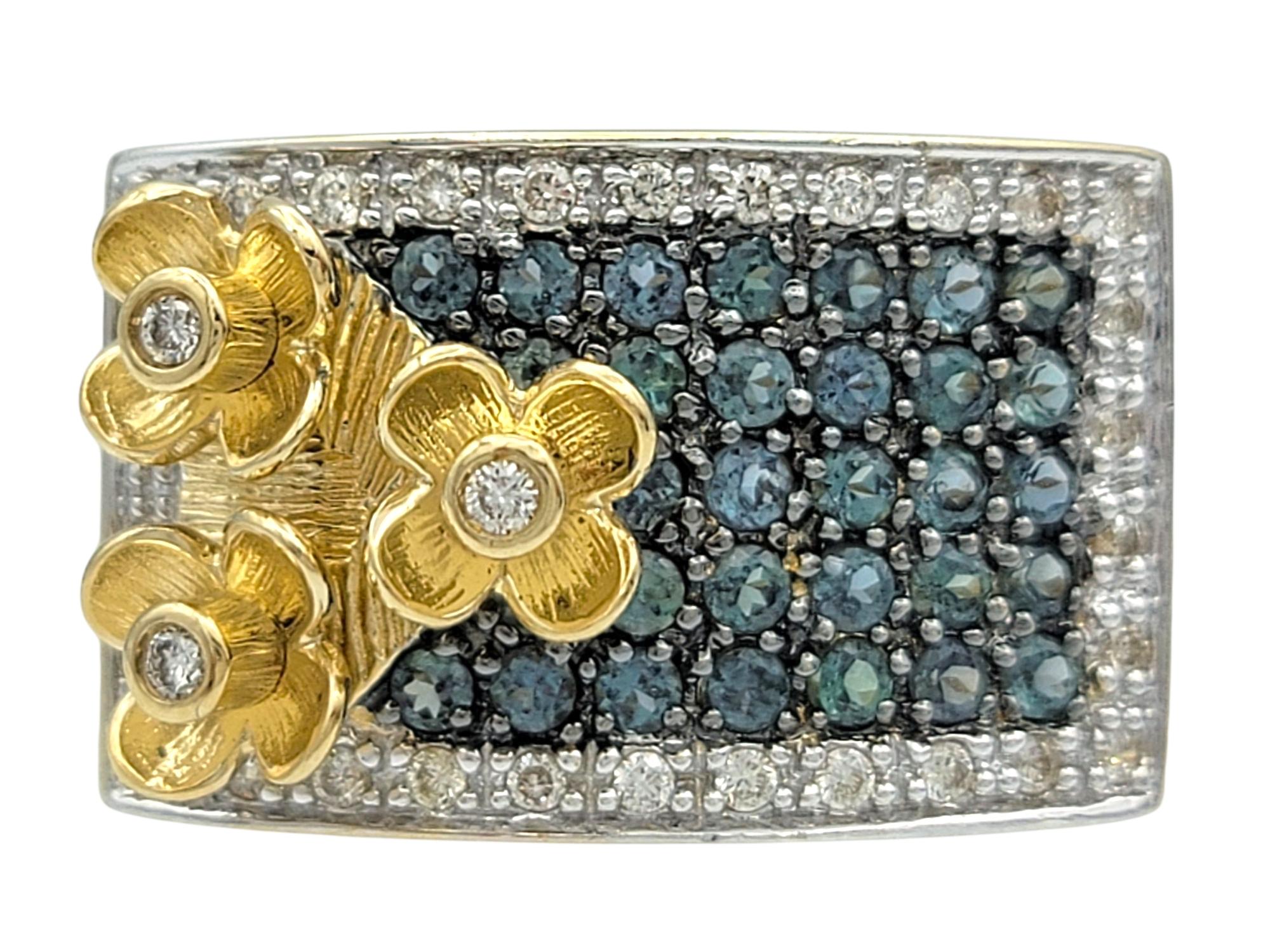 Ring Size:

This vibrant Le Vian ring showcases a lush blend of color and intricate craftsmanship. At its heart are pavé set round-cut green alexandrite, celebrated for their color-changing properties and mystical depth. Framed by brilliant white