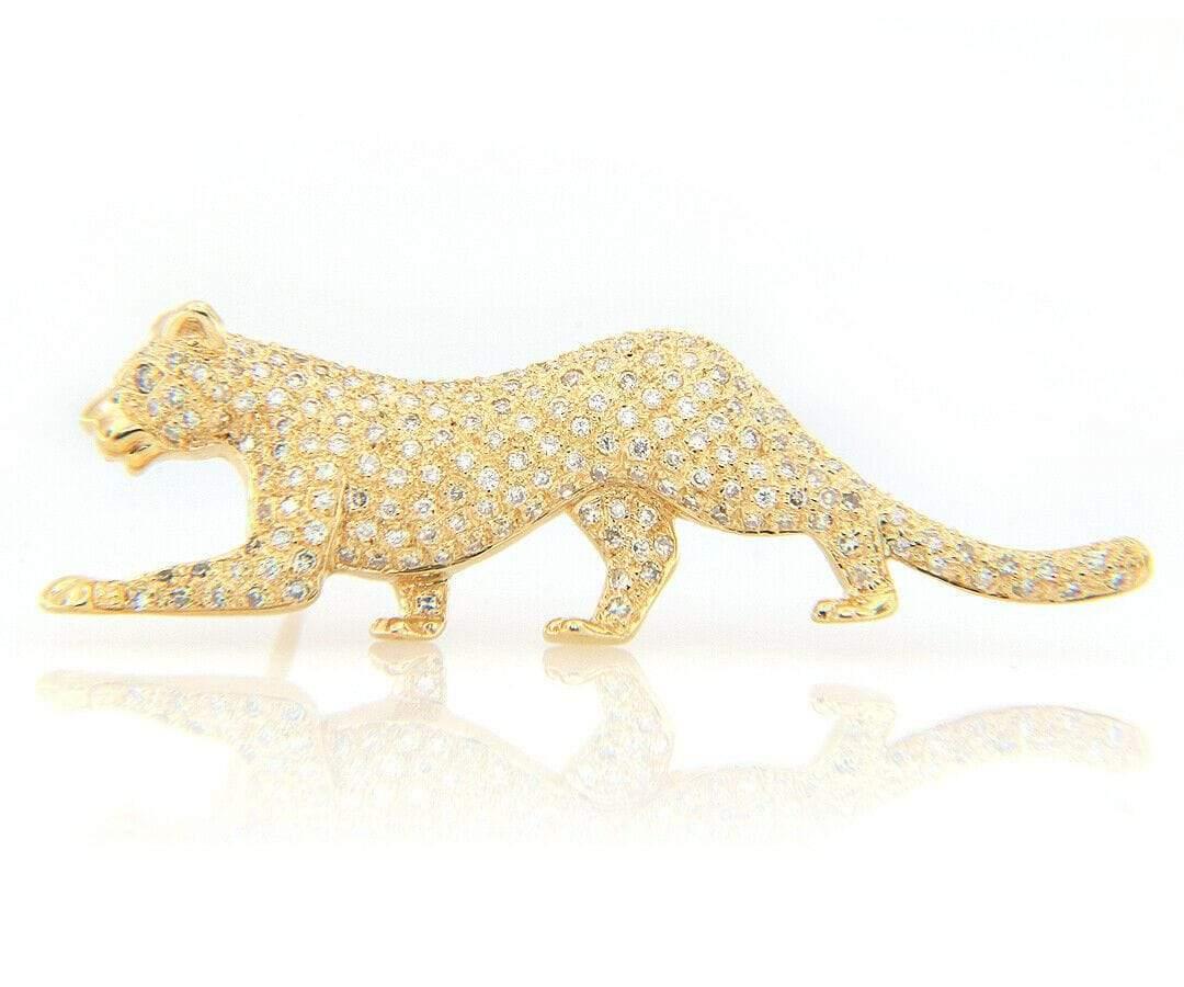 Round Cut Le Vian Pave Diamond Panther Brooch in 14K Yellow Gold