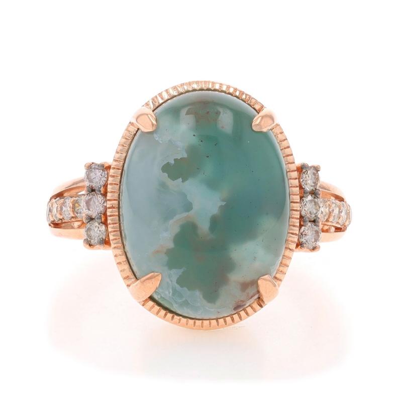 Retail Price: $4900

Size: 7
Sizing Fee: Up 1 size for $60

Brand: Le Vian

Metal Content: 14k Rose Gold

Stone Information

Natural Peacock Aquaprase
Carat(s): 7.75ct
Cut: Oval Cabochon

Natural Diamonds
Carat(s): .33ctw
Cut: Round Brilliant
Color: