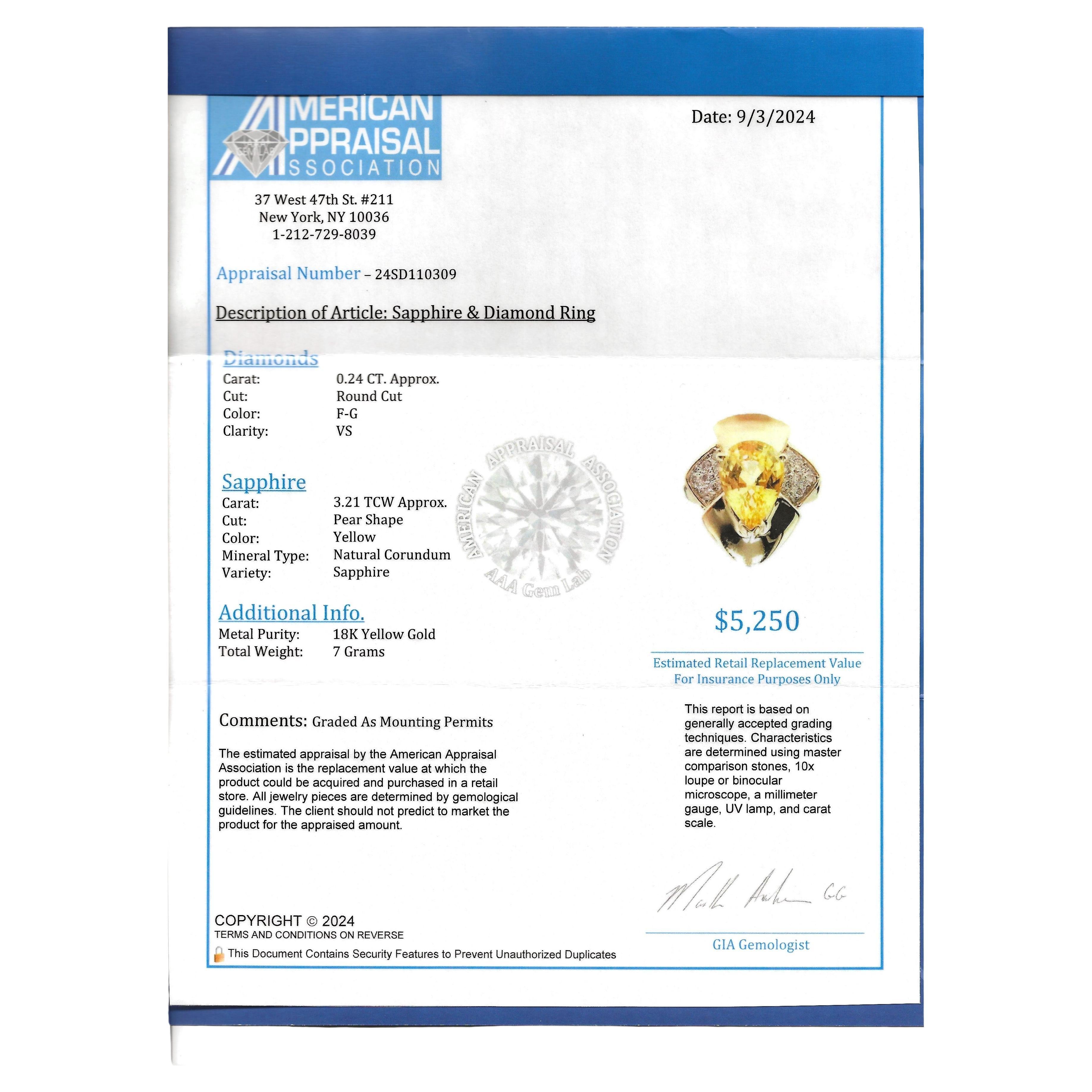 Le Vian Pear Cut Yellow Sapphire and Diamond Cocktail Ring in 18 Karat Gold For Sale 9