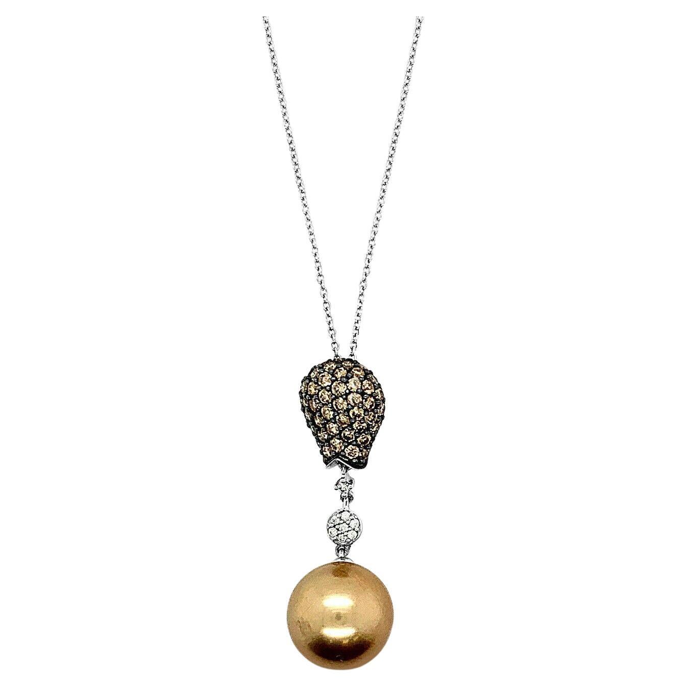 Le Vian Pendant, Brown Pearls, Brown & White Diamonds, 14K White Gold For Sale