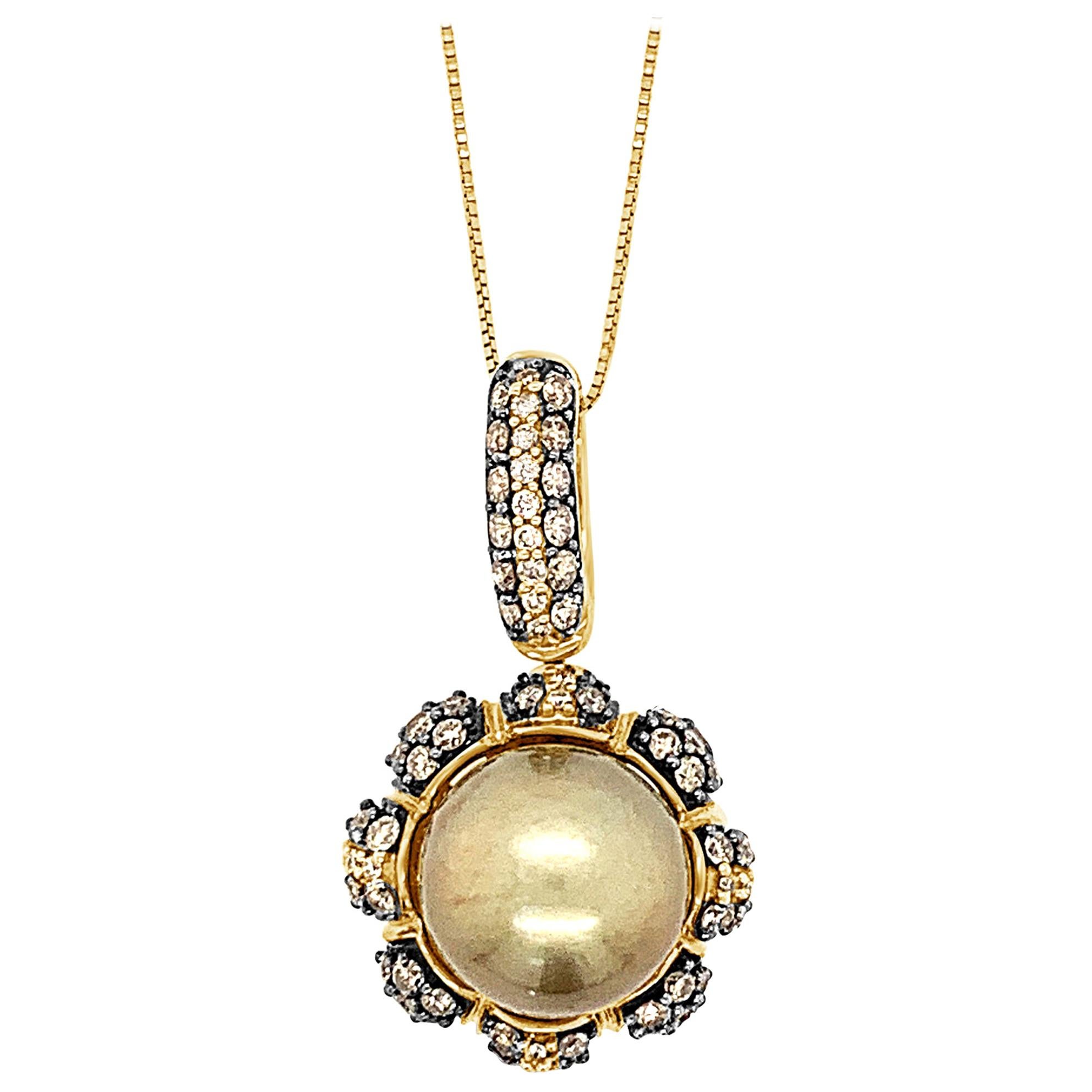 LeVian 18K Yellow Gold Golden Pearl Brown Champagne Diamond 18" Pendant Necklace For Sale
