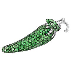 LeVian 18K White Gold Green Tsavorite Garnet & White Diamond Pepper Pin